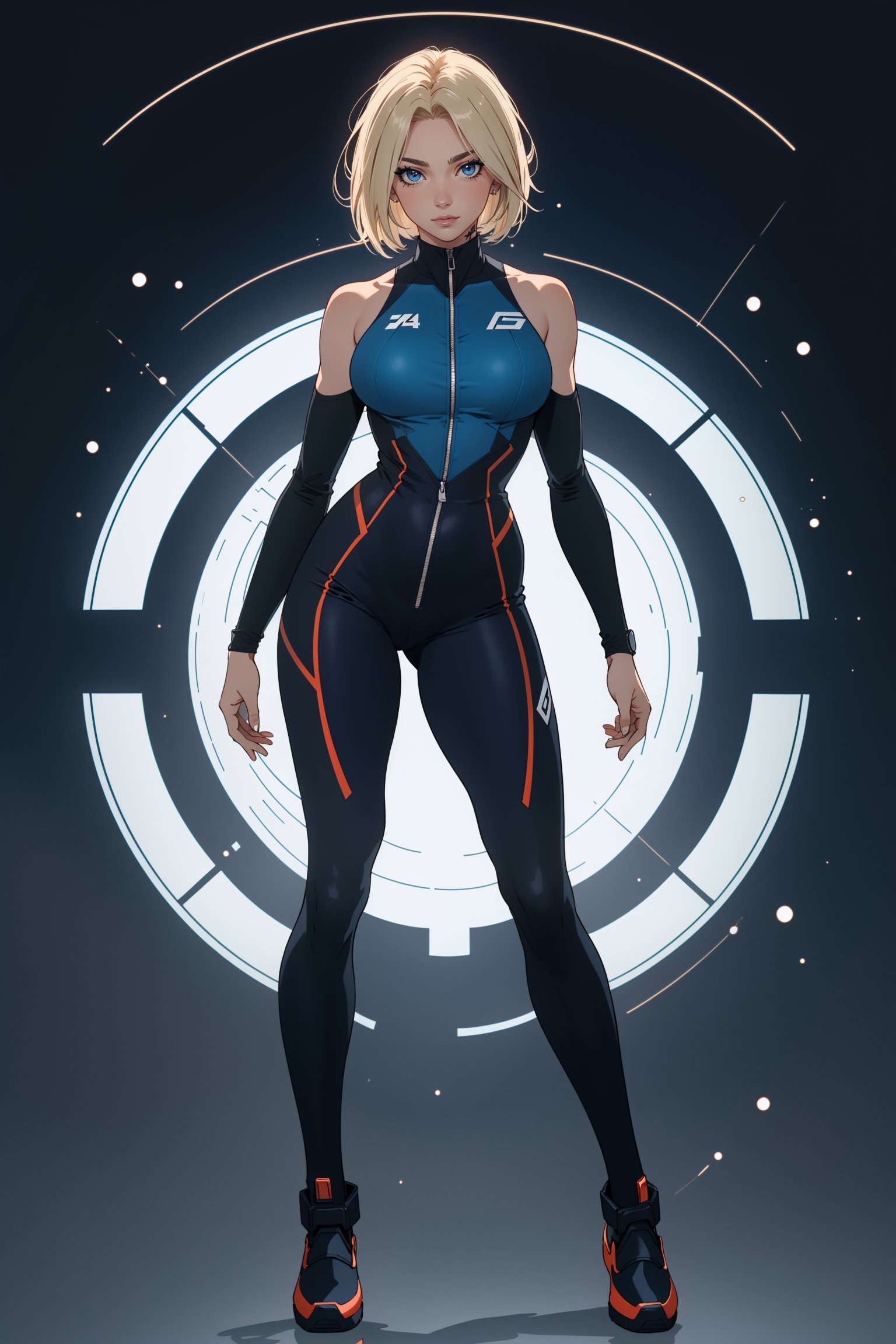 A beautiful 25 year old woman, blue eyes, She has a body of a fitness model, large breasts, blonde, short bob hairstyle, bangs, slender body shape, slim waist, ((full-body)) full-body_portrait, dark blue bodysuit, bare_shoulders, mecha background, sue storm, fantastic 4, number 4 in circle on chest