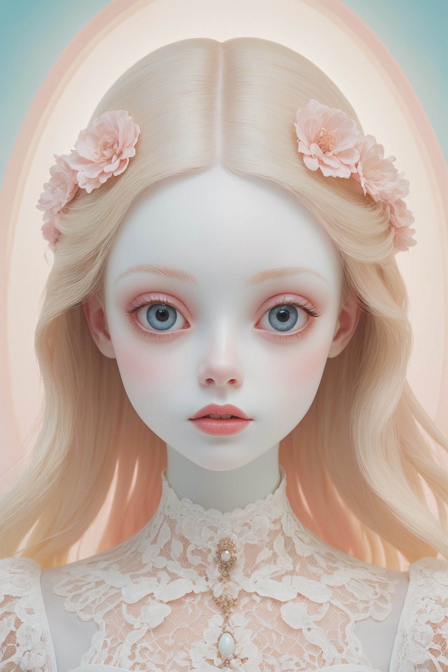 Oil painting of an 18 year old girl with a ghostly white face, wearing a white lace basque, upper body, huge round eyes, super small nose and mouth, pale pink lips, long straight blonde hair, soft color, dreamlike, surrealism, plain graduated pale background, intricate details, 3D rendering, octane rendering. Art in pop surrealism lowbrow creepy cute style. Inspired by Ray Caesar. Vintage art, art nouveaux, opaque colors, light grain, indirect lighting.