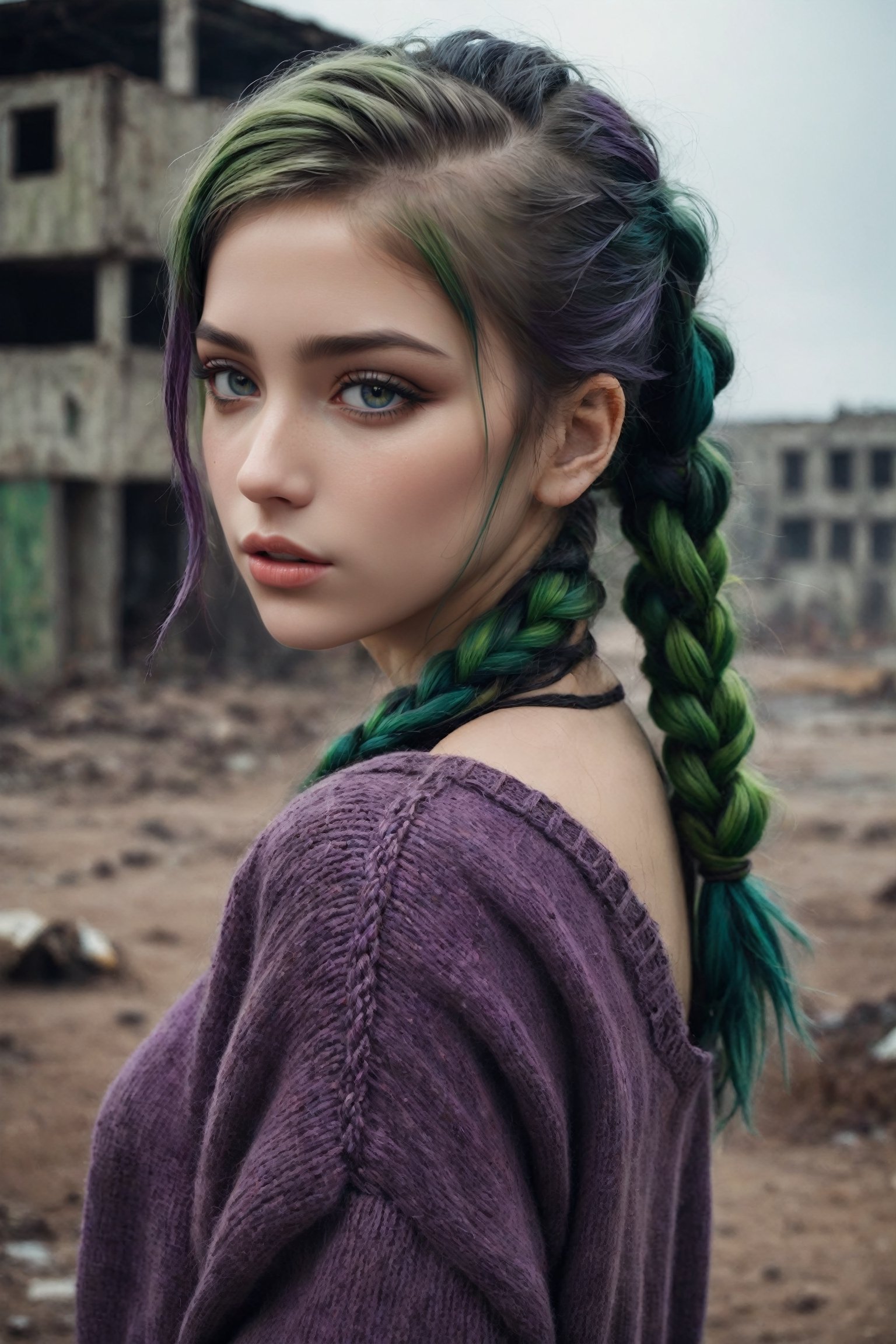 {{close-up face portrait}}, {{{facing towards camera}}}, A sad and lonely beautiful 18yr old girl in a nuclear wasteland. visible skin pores, {{{chunky knitted military sweater off one shoulder, naked under}}}, dark purple and green multi-color hair in pigtails, smudged dark gothic eye makeup. The once thriving city now lies in ruins, with crumbling buildings and abandoned vehicles scattered amidst the desolation. Nature has started to reclaim the territory, with ((plants growing through cracks in the concrete)). The atmosphere is eerie, with a sense of loneliness and despair hanging in the air. The scene is bathed in a dark and moody light, emphasizing the post-apocalyptic setting. The girl's expression reflects her loneliness and the weight of the world she carries on her shoulders. The colors are muted, with a desaturated and faded palette, further enhancing the desolate mood of the scene.