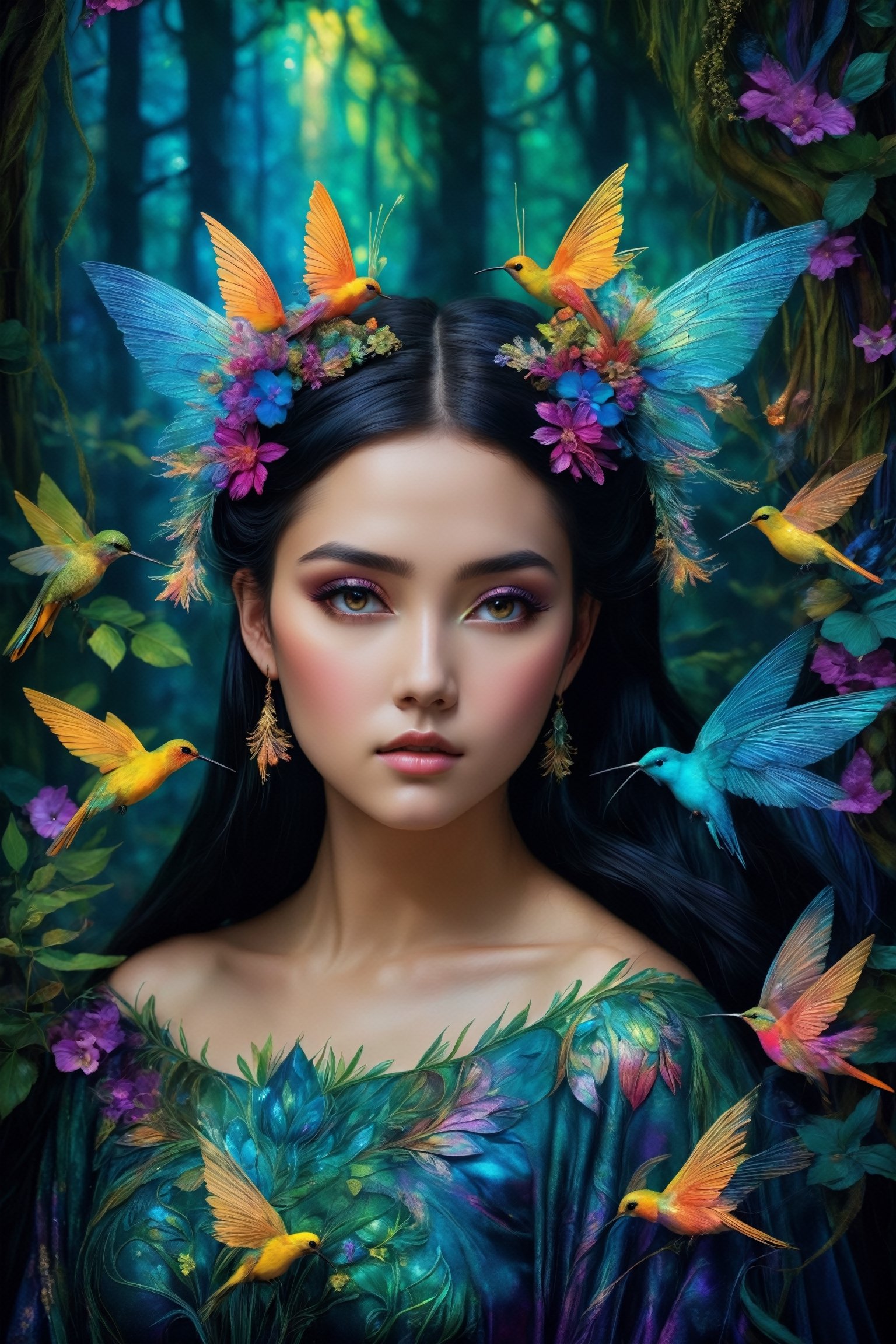 (best quality, 8K, highres, masterpiece), ultra-detailed, a beautiful totally naked fantasy girl with long, flowing black hair fashioned into intricate space buns. In this enchanting scene, she takes on the persona of a mystical forest guardian, surrounded by a breathtaking tapestry of vibrant, iridescent flora and fauna. insects and humming birds fly around her. Her presence radiates an otherworldly aura, and millions of microscopic, shimmering, and multi-colored magical threads emanate from her form, creating a dazzling and vibrant spectacle. The composition showcases her stunningly beautiful silhouette, intricately adorned with luminous plant-like patterns and ethereal creatures, resulting in a vivid and enchanting color palette that transports viewers to a realm of fantastical wonders.