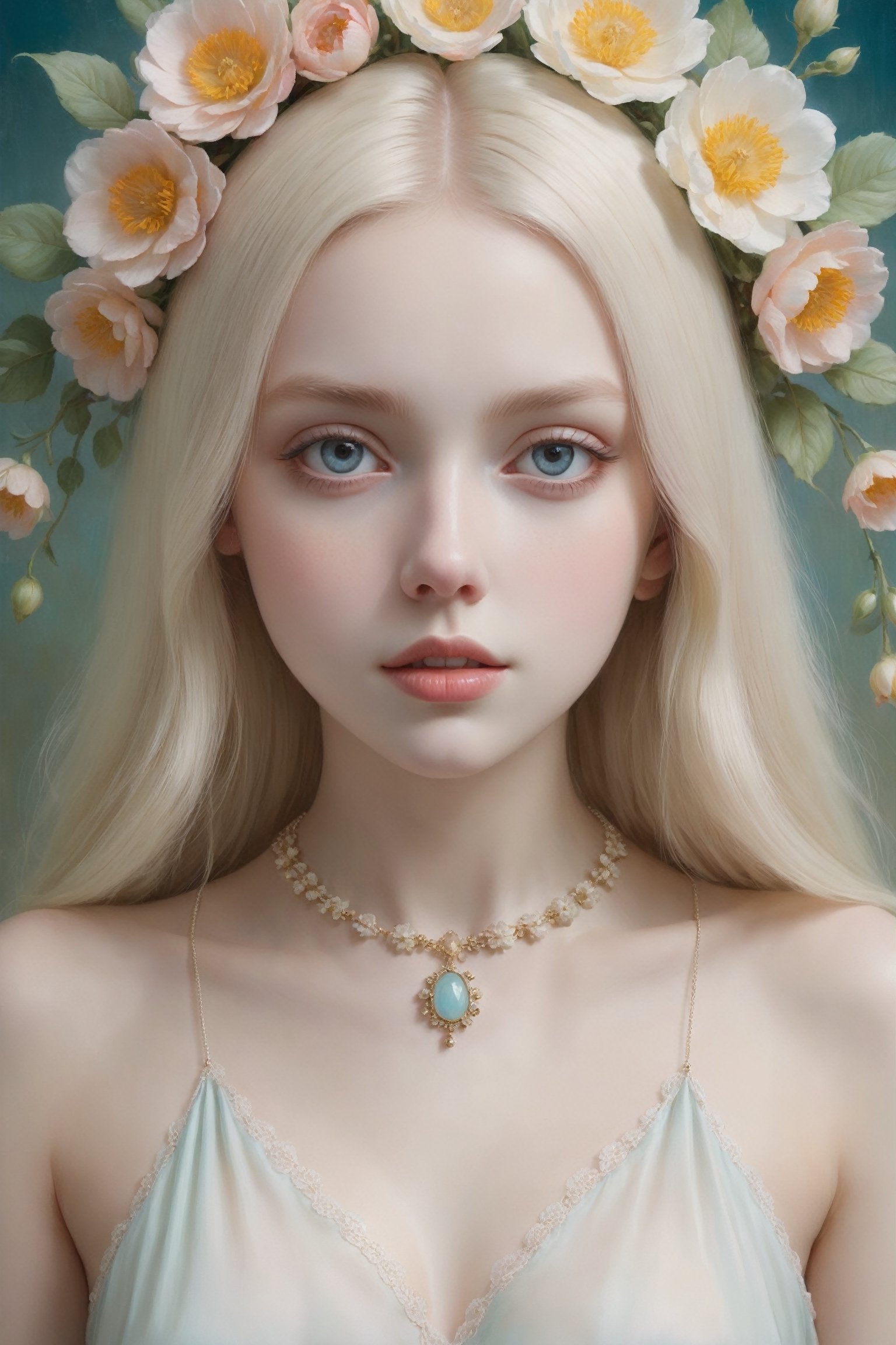 Oil painting of a beautiful 18 year old girl with a ghostly white face {{standing totally naked}}, half body, upper body, huge round eyes, super small nose and mouth, long straight blonde hair, delicate necklace, soft color, dreamlike, surrealism, background of delicate multi-colored flowers, intricate details, 3D rendering, octane rendering. Art in pop surrealism lowbrow creepy cute style. Inspired by Ray Caesar. Vintage art, opaque colors, light grain, indirect lighting.