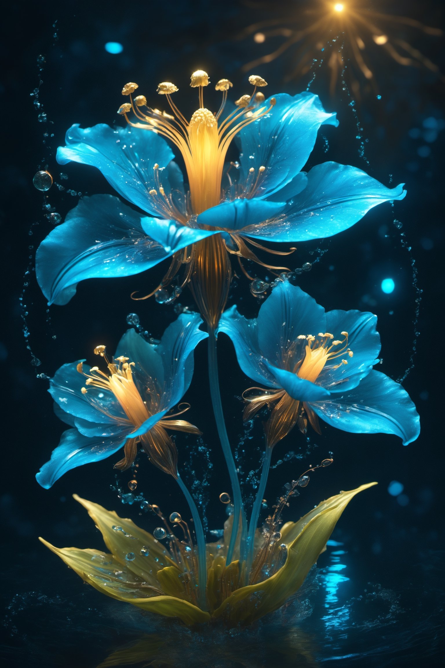 Magical Fantastic Bioluminescent Flowers, Liquid Structure, Flying Petals, Sparks, Splash, Portrait Photography, Fantasy Background, Intricate Patterns, Ultra Detailed, Luminous, Radiance, Ultra Realism, Complex Details, Intricate Details, 16k, HDR, High Quality, Trending On Artstation, Sharp Focus, Studio Photo, Intricate Details, Highly Detailed, By Greg Rutkowski