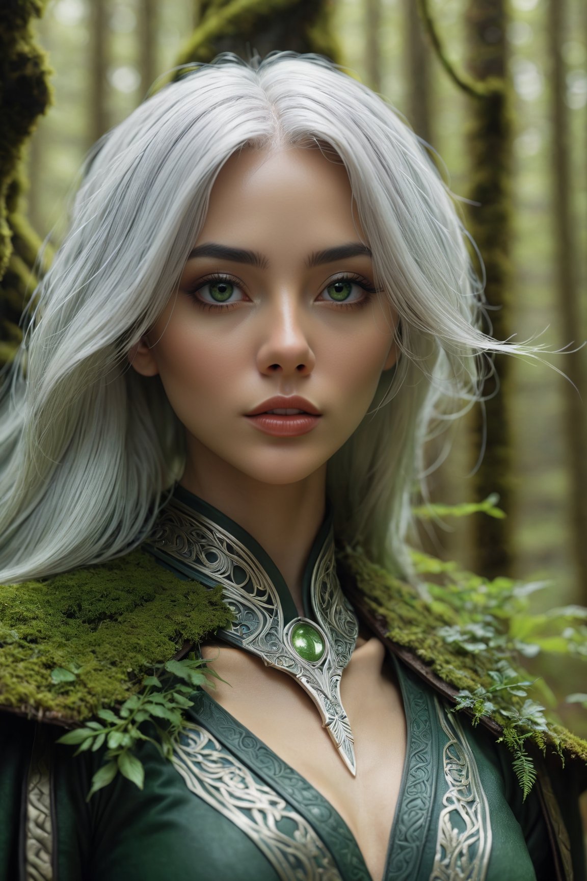 Midjourney style, ultrarealistic, a beautiful naked elf woman,  {{full_body}}, standing in a mossy forest, ((white hair blowing in the wind)),  {{green eyes}},  perfect detailed face, detailed symmetric circular iris, Peaky Blinders aesthetic, realistic, 3d render, octane render, intricately detailed, cinematic, trending on artstation, Isometric, Centered hypereallistic cover photo, awesome full color, hand drawn, dark, gritty, mucha, klimt, erte 12k, hight definition, cinematic, neoprene, behance contest winner, portrait featured on unsplash, stylized digital art, smooth, ultra high definition, 8k, unreal engine 5, ultra sharp focus, intricate artwork masterpiece, ominous, epic,trending on artstation, by artgerm, h. r. giger,  beksinski, highly detailed, vibrant,dreamscape,b3rli,winterhanfu