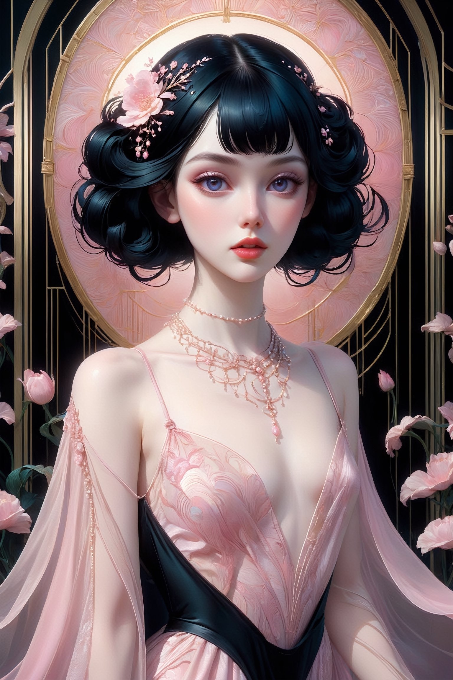 {{full_body}}, Oil painting of a beautiful 20 year old girl with pale skin, front on to viewer, {{wearing a sexy long see-through chifon gown}}, delicate silver and pearl necklace, {{small pale pink nipples}}, huge round eyes, super small nose and mouth, pale pink lips, extra long straight black hair with a center parting in twin bun, medium breasts, slender hips, sensual, erotic, soft color, dreamlike, surrealism, plain graduated pale background, intricate details, 3D rendering, octane rendering. Art in pop surrealism lowbrow creepy cute style. Inspired by Ray Caesar. Vintage art, ((art deco geometric pattern background)), opaque colors, light grain, indirect lighting,Decora_SWstyle