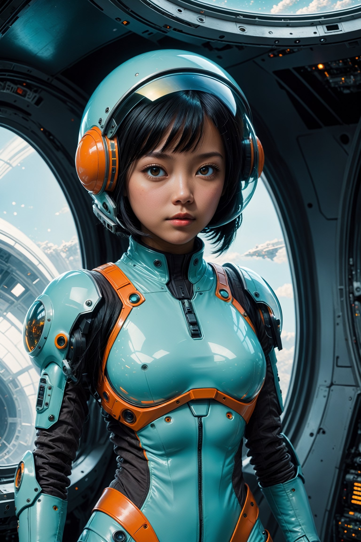 ((full_body)), HONG KONG Girl with brown colour skin, short black hair, breathtaking close up photorealism photo of girl with black hair wearing Aqua and Orange mech suit indoors (on alien spaceship) by Craig Davison, Dave Dorman, and Drew Struzan, symmetrical outfit. patch panels, computers, buttons, switches, screen, window with a view of outer space. wearing bubble helmet, face visible. high quality, photorealism, chromatic aberration, lens distortion, sharp focus, highest detail.
