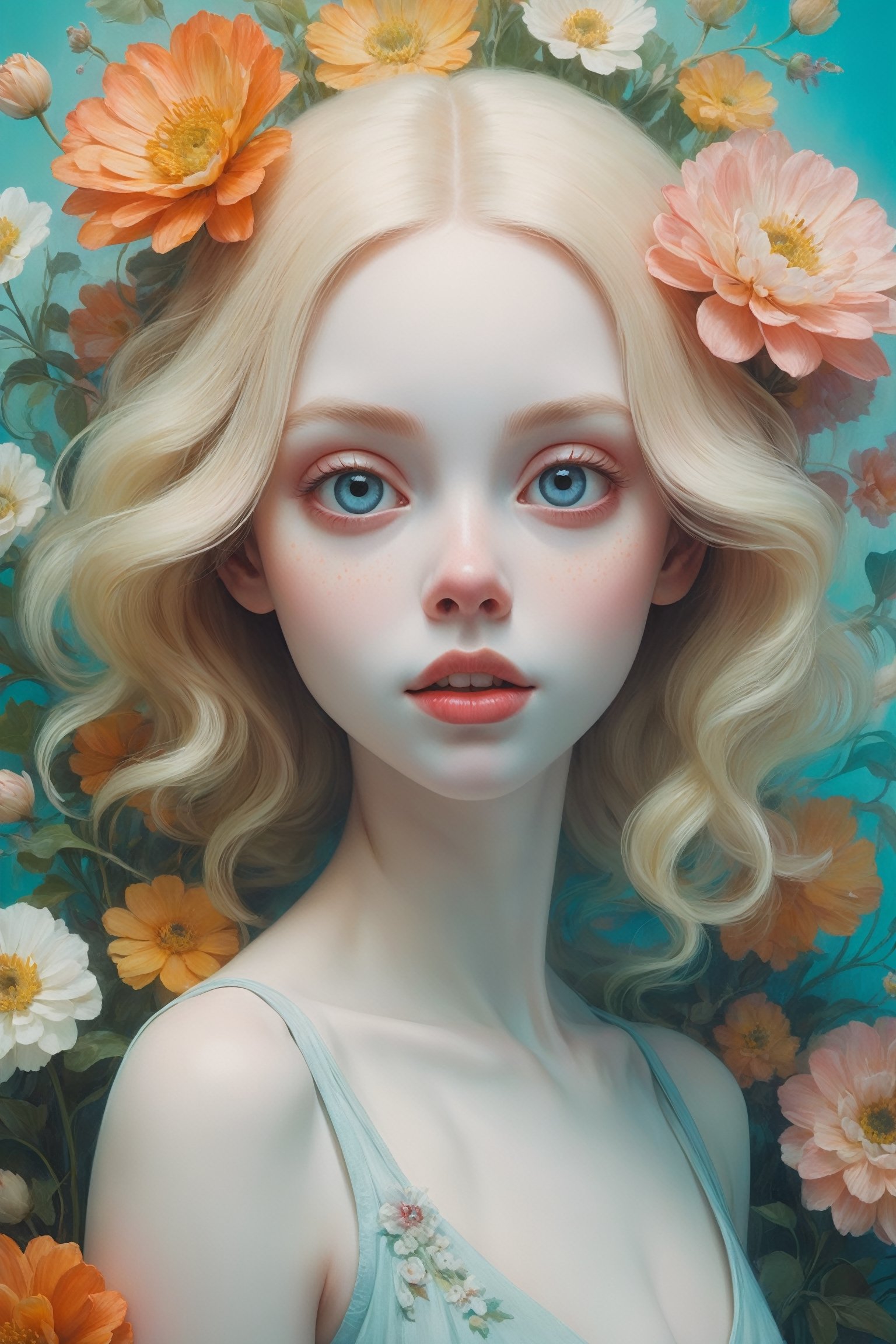 Oil painting of a beautiful 18 year old girl with a ghostly white face {{standing totally naked}}, half body, upper body, huge round eyes, super small nose and mouth, long blonde hair, soft color, dreamlike, surrealism, background of multi-colored flowers, intricate details, 3D rendering, octane rendering. Art in pop surrealism lowbrow creepy cute style. Inspired by Ray Caesar. Vintage art, opaque colors, light grain, indirect lighting.