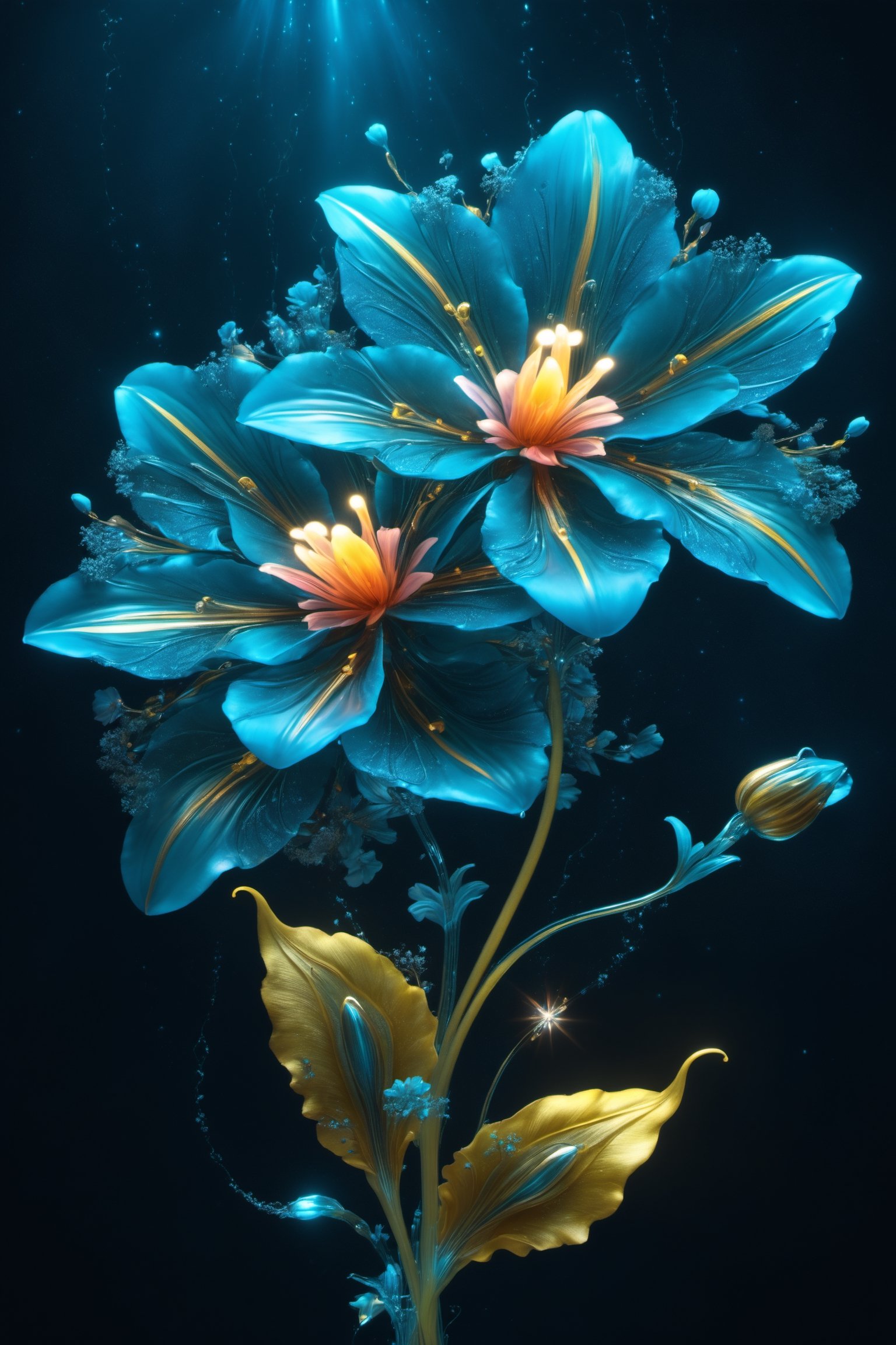 Magical Fantastic Bioluminescent Flowers, Liquid Structure, Flying Petals, Sparks, Splash, Portrait Photography, Fantasy Background, Intricate Patterns, Ultra Detailed, Luminous, Radiance, Ultra Realism, Complex Details, Intricate Details, 16k, HDR, High Quality, Trending On Artstation, Sharp Focus, Studio Photo, Intricate Details, Highly Detailed, By Greg Rutkowski