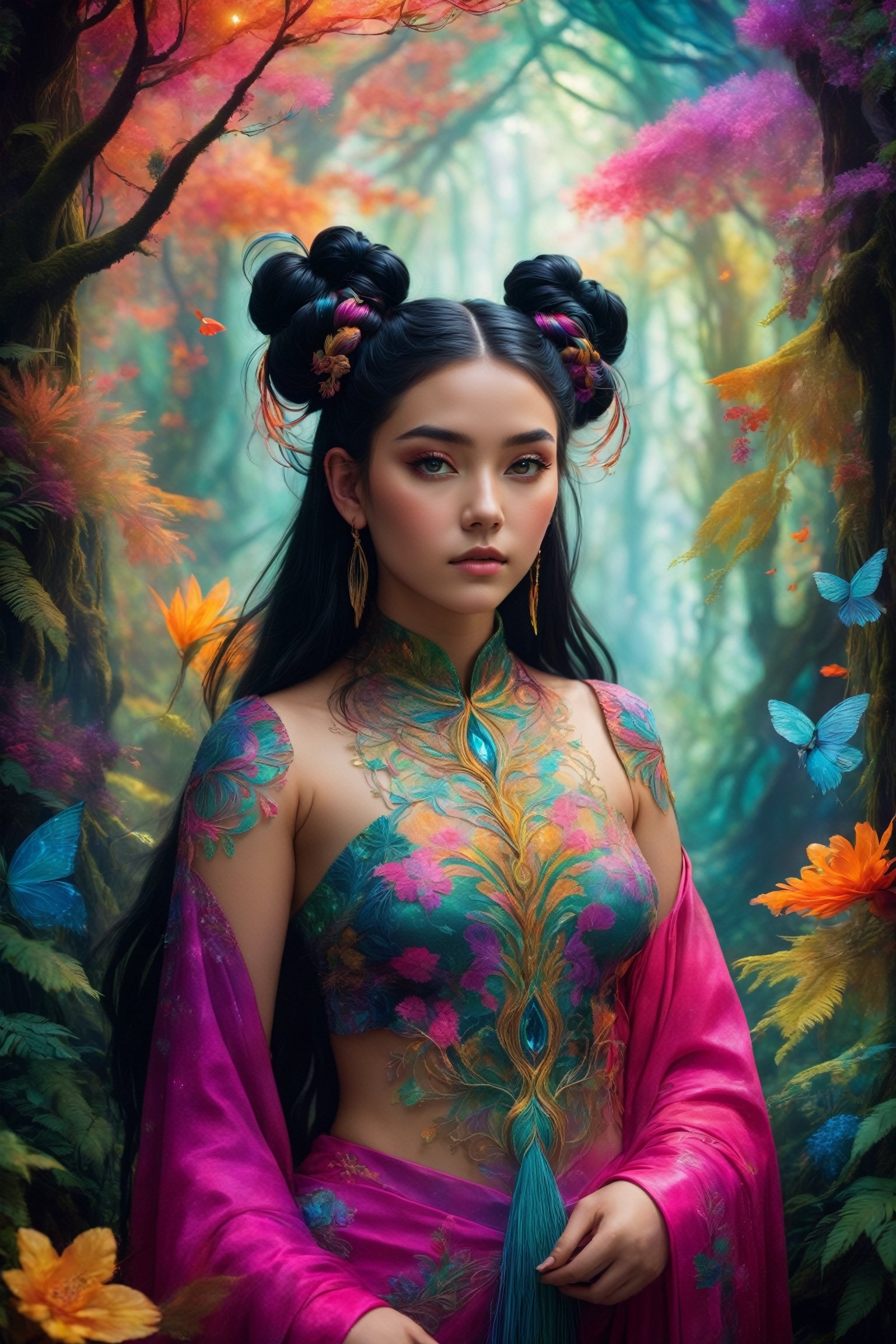 (best quality, 8K, highres, masterpiece), ultra-detailed, fantasy girl with long, flowing black hair fashioned into intricate space buns. In this enchanting scene, she takes on the persona of a mystical forest guardian, surrounded by a breathtaking tapestry of vibrant, iridescent flora and fauna. Her presence radiates an otherworldly aura, and millions of microscopic, shimmering, and multi-colored magical threads emanate from her form, creating a dazzling and vibrant spectacle. The composition showcases her stunningly beautiful silhouette, intricately adorned with luminous plant-like patterns and ethereal creatures, resulting in a vivid and enchanting color palette that transports viewers to a realm of fantastical wonders.