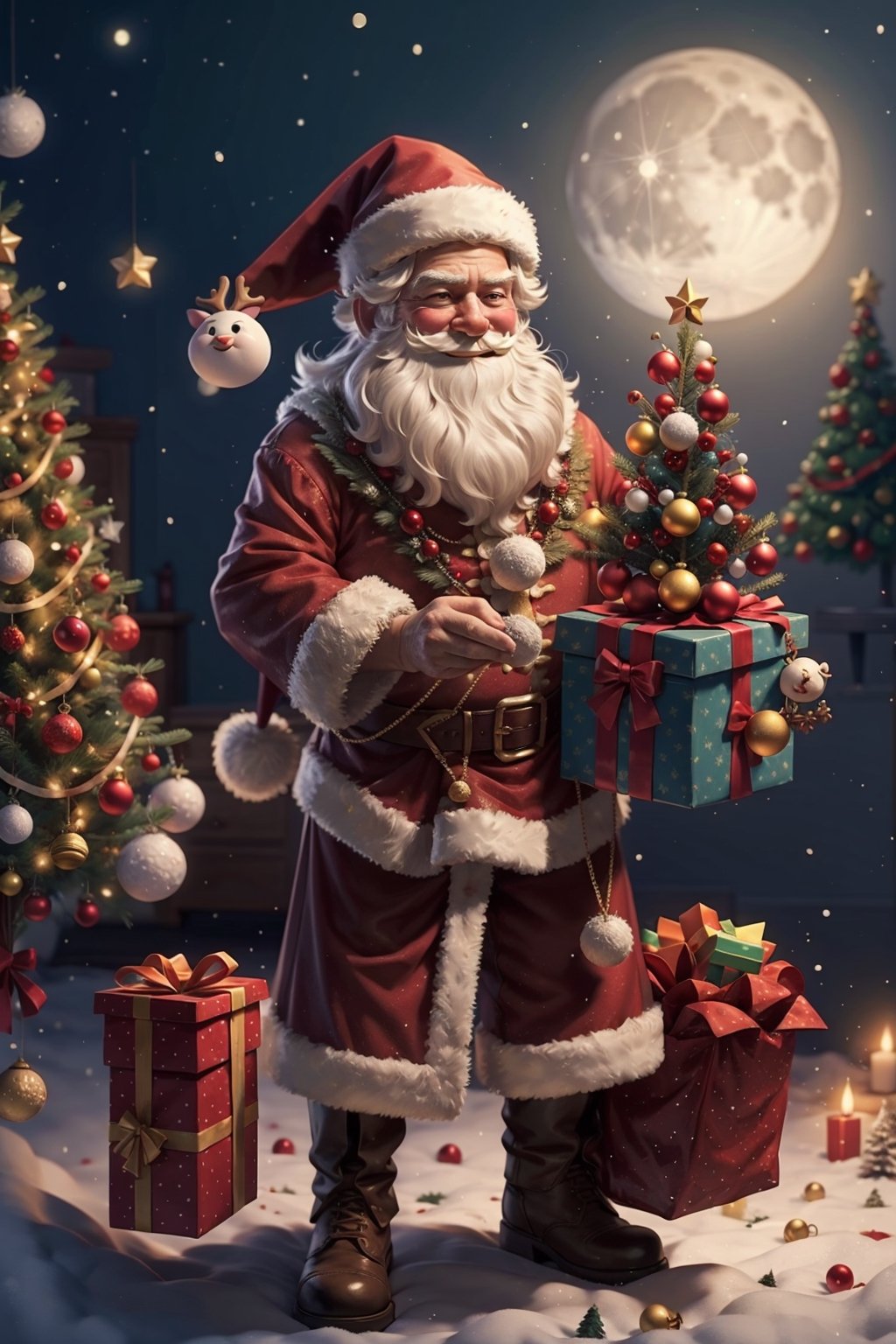 santa claus, portrait, full_body, santa costume, wizard, candy cane, food, candy, moon, santa hat, beard, antlers, reindeer, sack, full moon, facial hair, smiling, Christmas tree