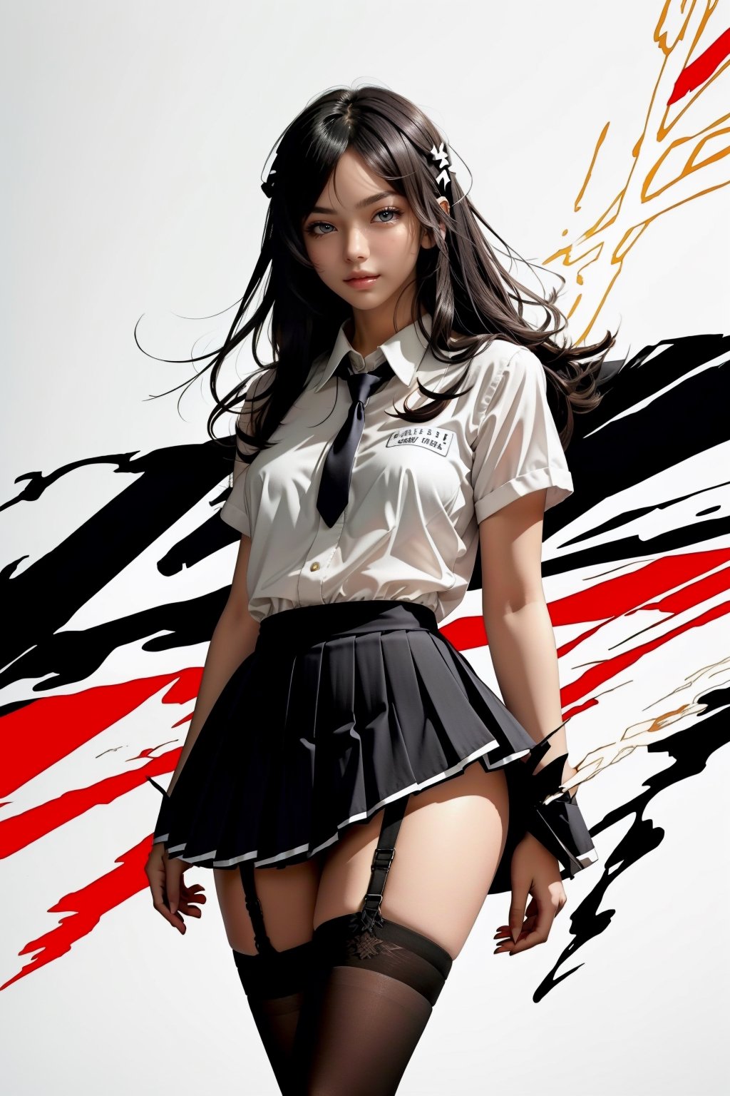 (best quality, masterpiece) 1girl, school uniform, sharp eyes, looking at viewer, hand on hip, pleated mini skirt, garter belt, stockings, black hair, medium hair, medium breasts, standing, nice hands, perfect hands, Persona Cut In, almost_naked, naked_breasts