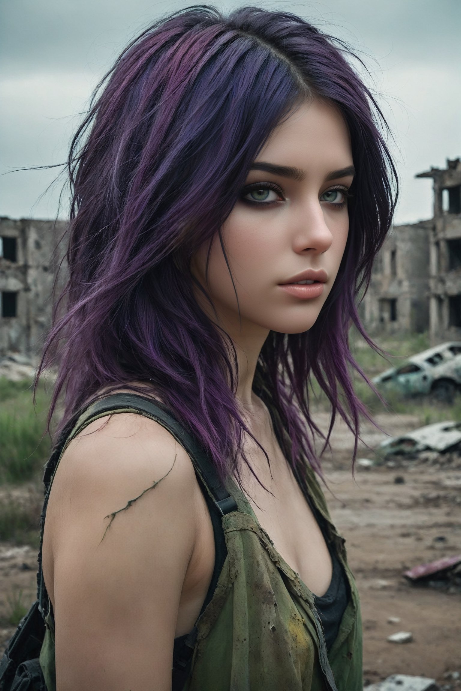 {{close-up face portrait}}, {{{close-up}}}, A sad and lonely beautiful 18yr old girl in a nuclear wasteland. {{{Totally naked}}}, dark purple and green multi-color hair blows in the wind, smudged dark gothic eye makeup. The once thriving city now lies in ruins, with crumbling buildings and abandoned vehicles scattered amidst the desolation. Nature has started to reclaim the territory, with ((plants growing through cracks in the concrete)). The atmosphere is eerie, with a sense of loneliness and despair hanging in the air. The scene is bathed in a dark and moody light, emphasizing the post-apocalyptic setting. The girl's expression reflects her loneliness and the weight of the world she carries on her shoulders. The colors are muted, with a desaturated and faded palette, further enhancing the desolate mood of the scene.