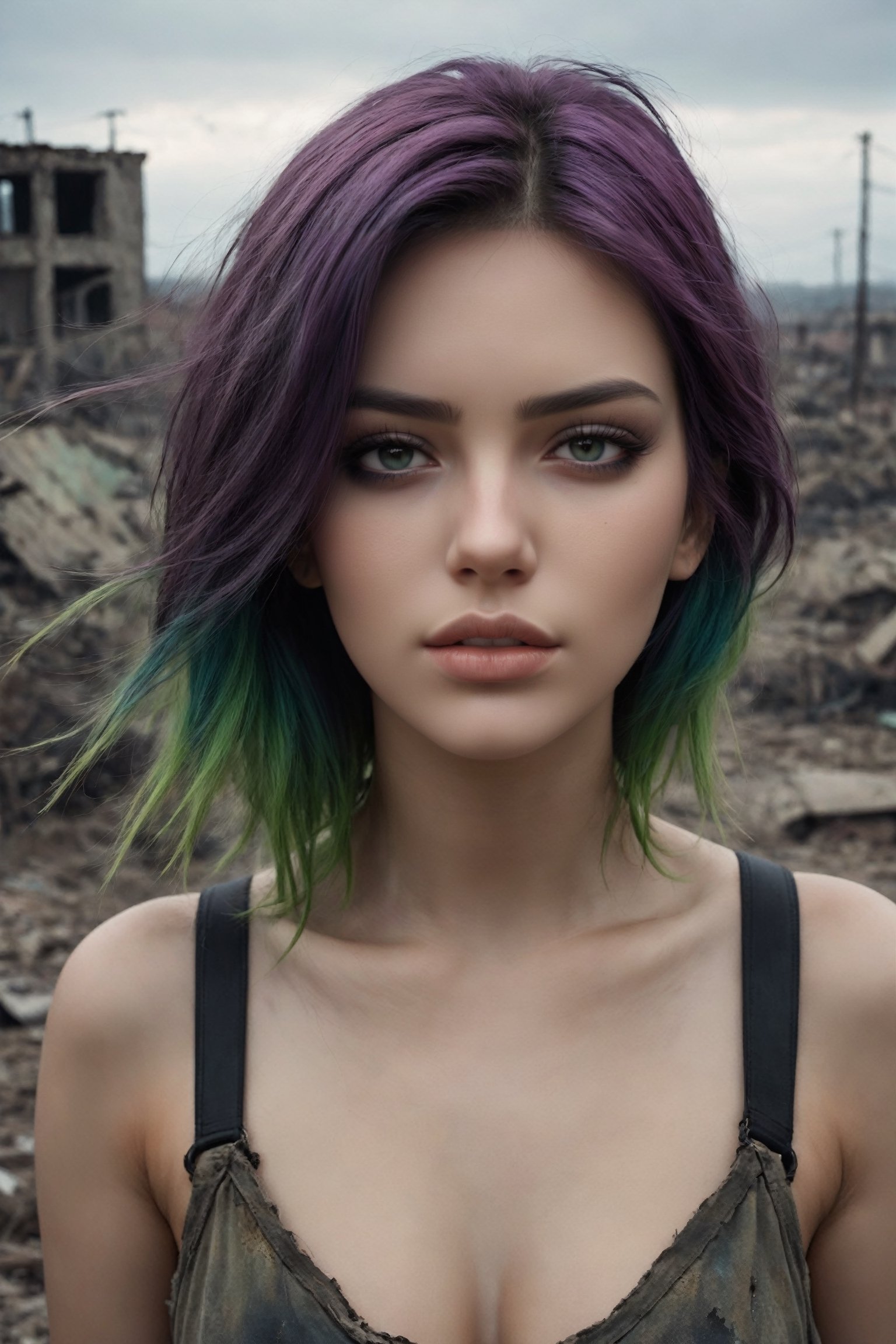 {{close-up face portrait}}, {{{close-up}}}, A sad and lonely beautiful 18yr old girl in a nuclear wasteland. {{{Totally naked}}}, {{{exposed breasts}}}, dark purple and green multi-color hair blows in the wind, smudged dark gothic eye makeup. The once thriving city now lies in ruins, with crumbling buildings and abandoned vehicles scattered amidst the desolation. Nature has started to reclaim the territory, with ((plants growing through cracks in the concrete)). The atmosphere is eerie, with a sense of loneliness and despair hanging in the air. The scene is bathed in a dark and moody light, emphasizing the post-apocalyptic setting. The girl's expression reflects her loneliness and the weight of the world she carries on her shoulders. The colors are muted, with a desaturated and faded palette, further enhancing the desolate mood of the scene.