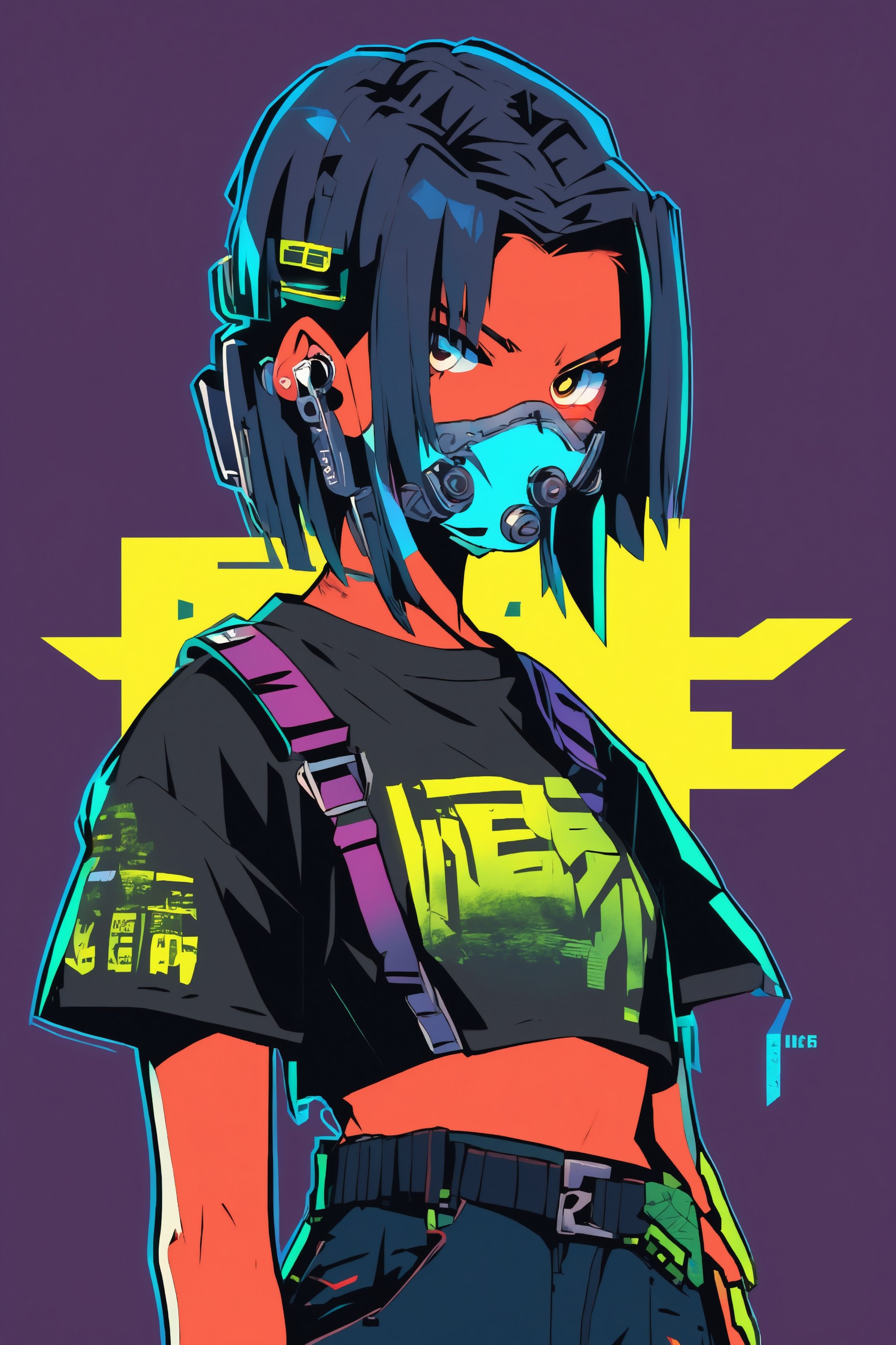 Anime, Underground resistance HQ, a gritty comics-style, cyberpunk, cyberpunk art, retrofuturism, 1girl, 18yr old, sexy, beautiful girl, crop_top, plain background, cyberpunk, Side part, facing_viewer, front_view, (masterpiece, best quality), t-shirt design