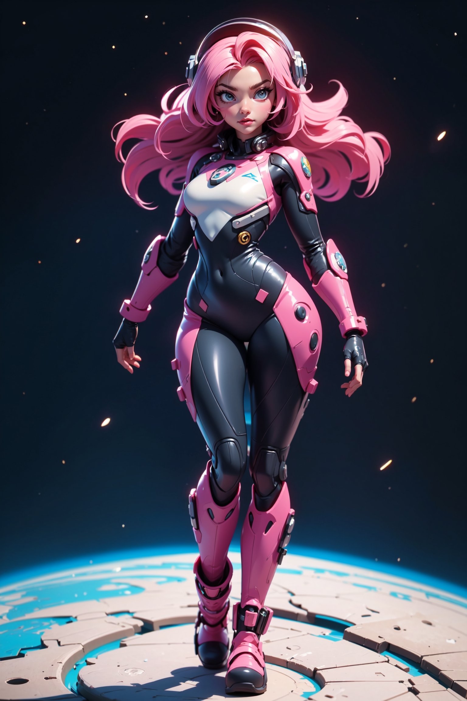 masterpiece, best quality, (detailed background), (beautiful detailed face, beautiful detailed eyes), highres, ultra detailed, masterpiece, best quality, detailed eyes, full body, 1_girl, cyberpunk scene, standing dynamic pose, long pink hair, slender figure, slender legs, slender hips. cybertronic metal arm, Her tight space suit shows off her figure, while her small breasts and large moon boots give her a unique and diverse look. With her big space helmet and jet pack, she is the epitome of a fearless space explorer.