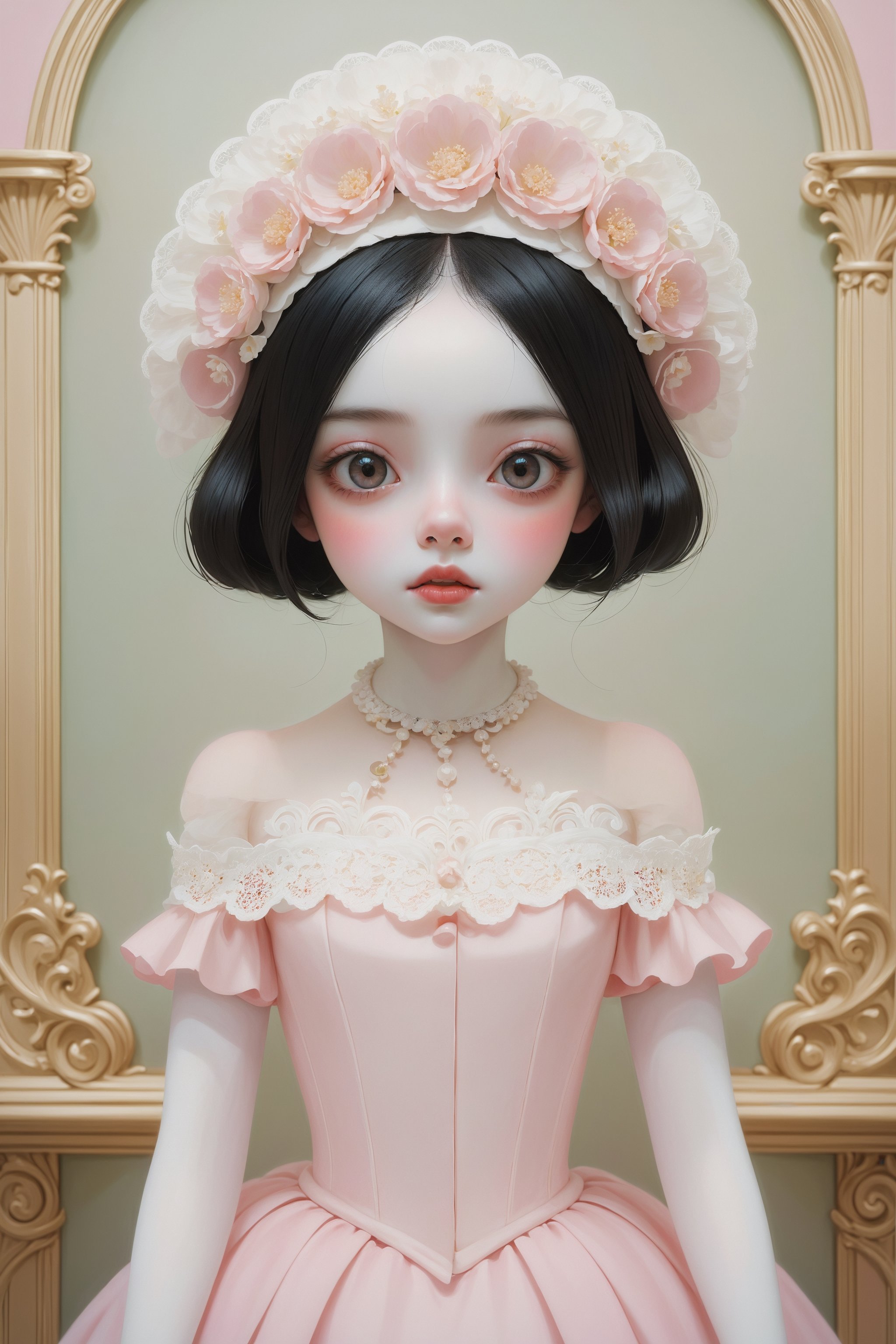 Oil painting of an 18 year old girl with a ghostly white face, upper body, straight on, wearing a white lace off the shoulder basque, upper body, huge round eyes, super small nose and mouth, pale pink lips, long straight black hair, soft color, dreamlike, surrealism, plain graduated pale background, intricate details, 3D rendering, octane rendering. Art in pop surrealism lowbrow creepy cute style. Inspired by Ray Caesar. Vintage art, art deco, opaque colors, light grain, indirect lighting.