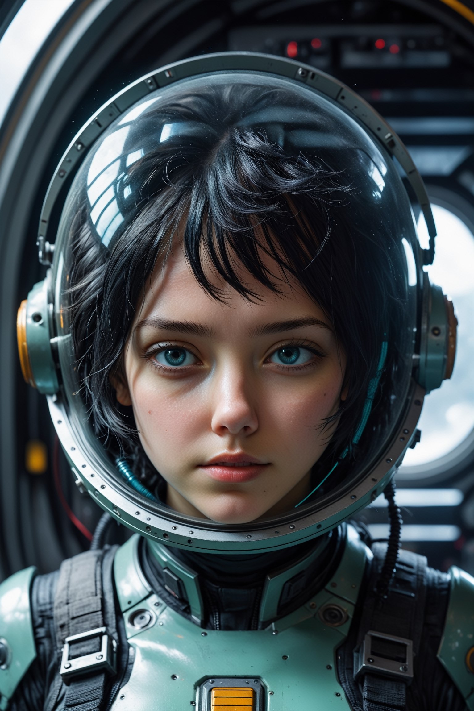 beautiful 18yr old Girl, Aqua short messy hair, breathtaking close up photorealism photo of Caucasian woman with black hair wearing mech suit indoors (on alien spaceship) by Craig Davison, Dave Dorman, and Drew Struzan, symmetrical outfit. patch panels, computers, buttons, switches, screen, window with a view of outer space. wearing bubble helmet, face visible. high quality, photorealism, chromatic aberration, lens distortion, sharp focus, highest detail.
