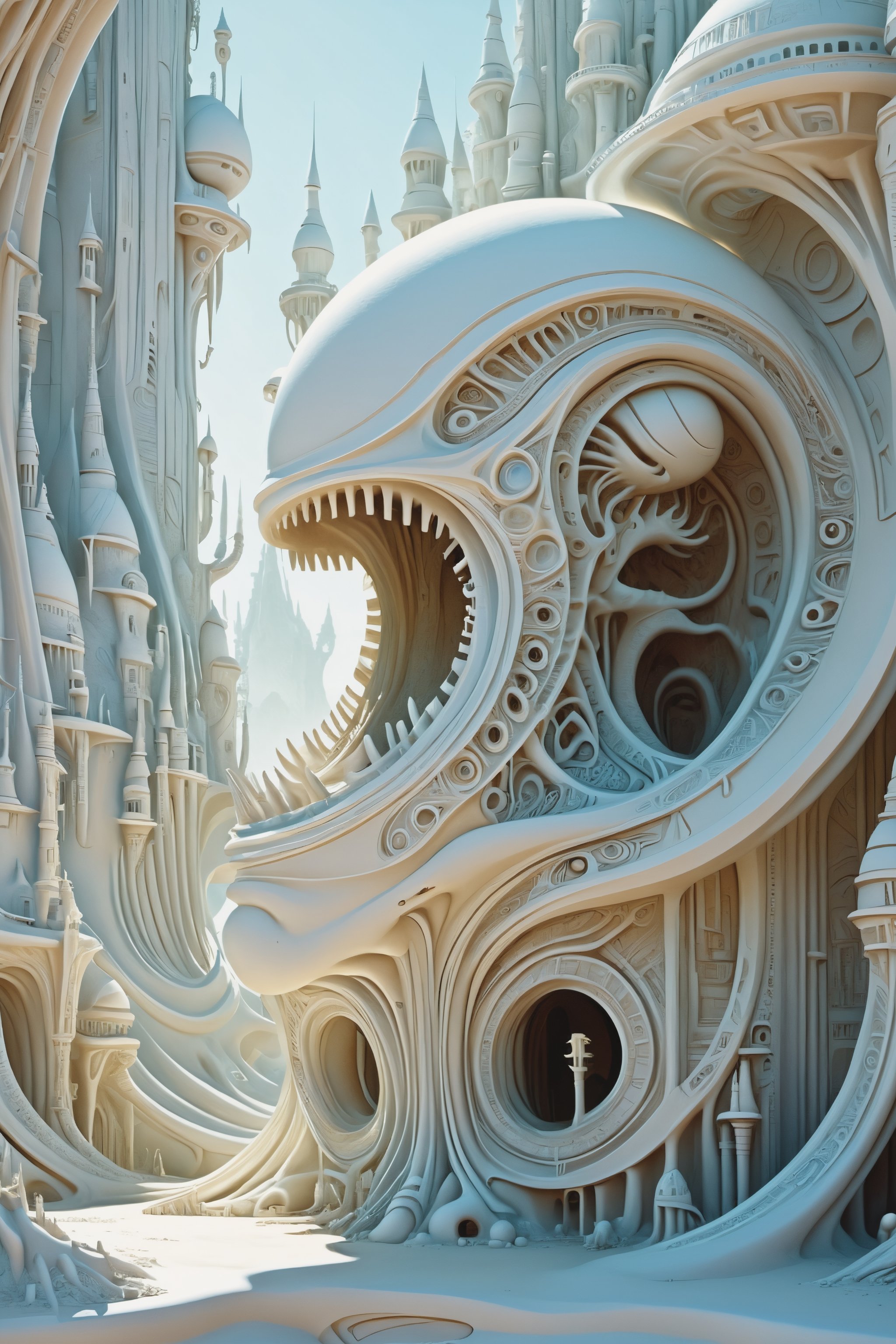 by Roger Dean and H.R. Giger,  (ambient occlusion, Double Exposure but extremely beautiful:1.4), (intricate details, masterpiece, best quality:1.4), Futurism Art Style, dynamic, dramatic, erotic, female_orgy, writhing bodies, steampunk style, biomechanoid, more detail XL,