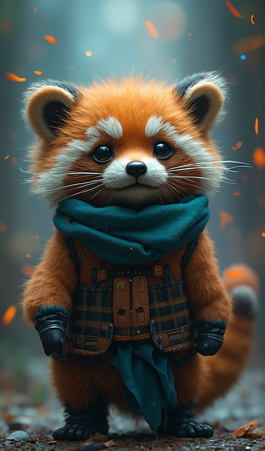 Cute little Tanuki, cyberpunk, playfull, happy,  cuteness overload, masterpiece, small centered composition, product shot,  wallpaper art, Rule of Thirds, delicate,lovable, tiny, best, dynamic composition, magnificent, intense, perfect background