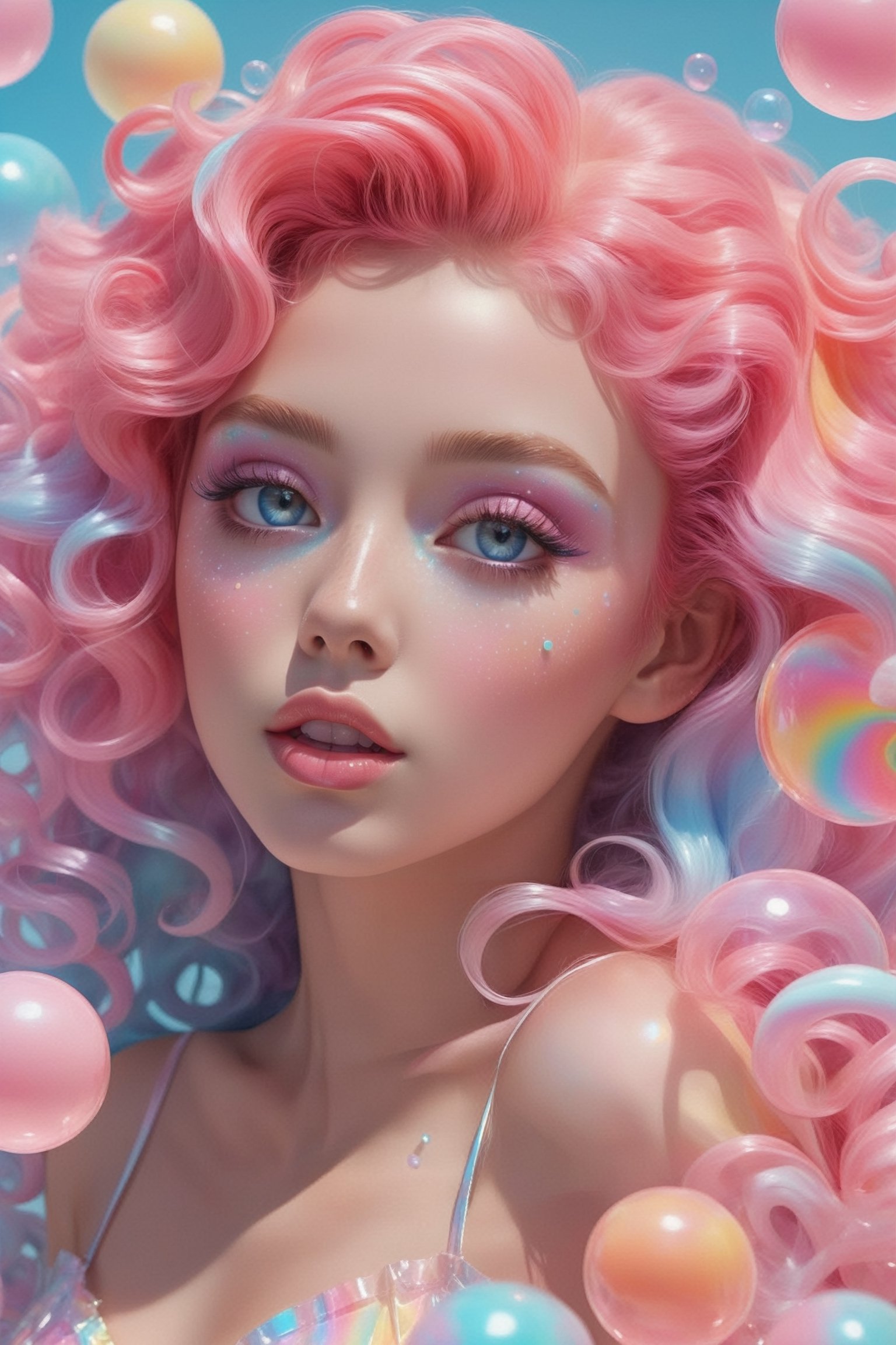 beautiful kawaii naughty girl, sensual, sexy, hyper detailed, cotton candy curly hair, candy freckles, bright makeup, holographic transparent see-through dress, exposed skin, close-up portrait, highly detailed illustration, candyland character design, Pale pastel colors, bubblegum bubbles, gradient background. the candy girl