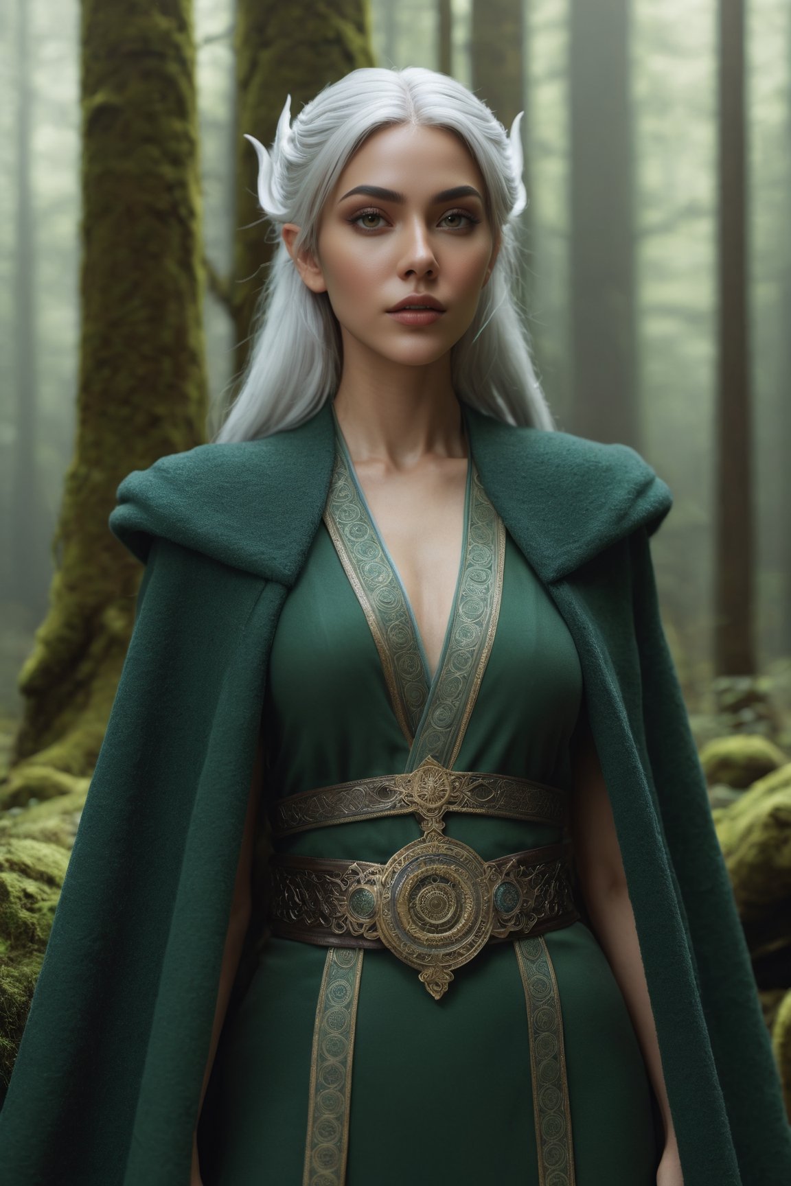 Midjourney style, ultrarealistic, a beautiful naked elf woman,  {{full_body}}, standing in a mossy forest, ((white hair)), {{see-though clothing}},  {{green eyes}},  perfect detailed face, detailed symmetric circular iris, Peaky Blinders aesthetic, realistic, 3d render, octane render, intricately detailed, cinematic, trending on artstation, Isometric, Centered hypereallistic cover photo, awesome full color, hand drawn, dark, gritty, mucha, klimt, erte 12k, hight definition, cinematic, neoprene, behance contest winner, portrait featured on unsplash, stylized digital art, smooth, ultra high definition, 8k, unreal engine 5, ultra sharp focus, intricate artwork masterpiece, ominous, epic,trending on artstation, by artgerm, h. r. giger,  beksinski, highly detailed, vibrant,dreamscape,b3rli,winterhanfu