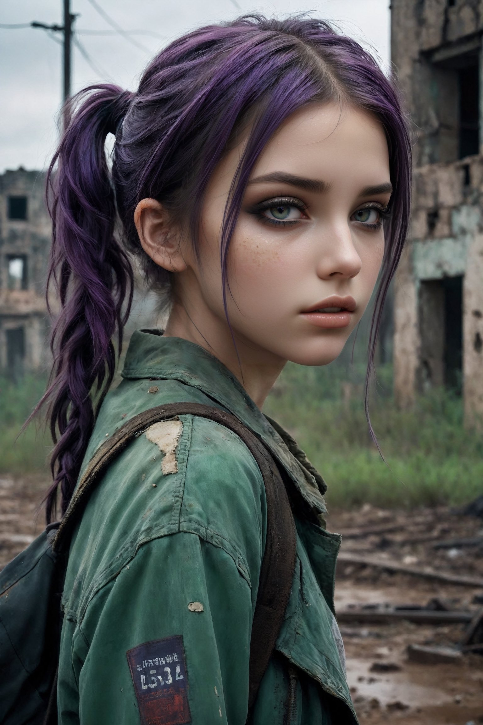 {{close-up face portrait}}, {{{close-up}}}, A sad 18yr old girl in a nuclear wasteland. {{{Totally naked}}}, dark purple and green multi-color hair in twin pigtails, smudged dark gothic eye makeup. The once thriving city now lies in ruins, with crumbling buildings and abandoned vehicles scattered amidst the desolation. Nature has started to reclaim the territory, with ((plants growing through cracks in the concrete)). The atmosphere is eerie, with a sense of loneliness and despair hanging in the air. The scene is bathed in a dark and moody light, emphasizing the post-apocalyptic setting. The girl's expression reflects her loneliness and the weight of the world she carries on her shoulders. The colors are muted, with a desaturated and faded palette, further enhancing the desolate mood of the scene.