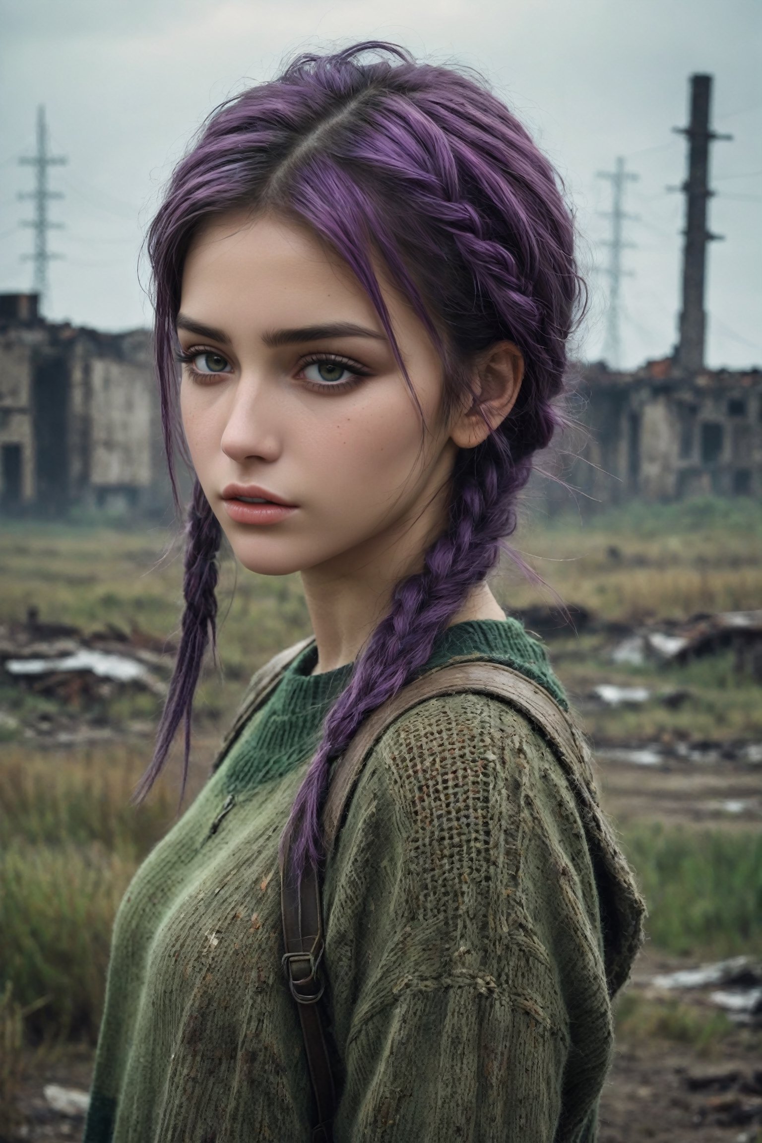 {{close-up face portrait}}, {{{facing straight on to camera}}}, A sad and lonely beautiful 18yr old girl in a nuclear wasteland. visible skin pores, {{{chunky knitted olive green military sweater}}}, dark purple and green multi-color hair in pigtails, smudged dark gothic eye makeup. The once thriving city now lies in ruins, with crumbling buildings and abandoned vehicles scattered amidst the desolation. Nature has started to reclaim the territory, with ((plants growing through cracks in the concrete)). The atmosphere is eerie, with a sense of loneliness and despair hanging in the air. The scene is bathed in a dark and moody light, emphasizing the post-apocalyptic setting. The girl's expression reflects her loneliness and the weight of the world she carries on her shoulders. The colors are muted, with a desaturated and faded palette, further enhancing the desolate mood of the scene.