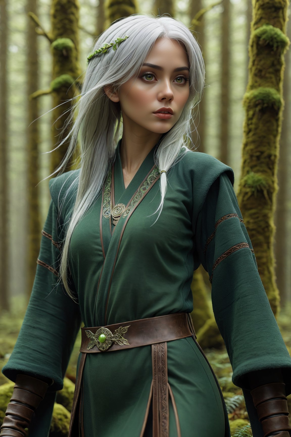 Midjourney style, ultrarealistic, a beautiful naked elf woman,  {{full_body}}, standing in a mossy forest, ((white hair blowing in the wind)),  {{green eyes}},  perfect detailed face, detailed symmetric circular iris, Peaky Blinders aesthetic, realistic, 3d render, octane render, intricately detailed, cinematic, trending on artstation, Isometric, Centered hypereallistic cover photo, awesome full color, hand drawn, dark, gritty, mucha, klimt, erte 12k, hight definition, cinematic, neoprene, behance contest winner, portrait featured on unsplash, stylized digital art, smooth, ultra high definition, 8k, unreal engine 5, ultra sharp focus, intricate artwork masterpiece, ominous, epic,trending on artstation, by artgerm, h. r. giger,  beksinski, highly detailed, vibrant,dreamscape,b3rli,winterhanfu