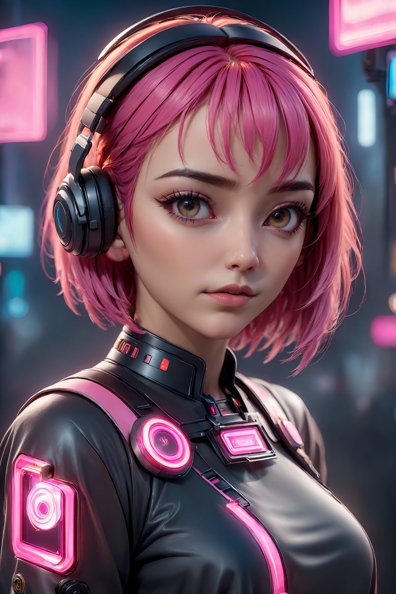 ((best quality)), ((masterpiece)), ((realistic)), (detailed) illustration photographic cute cyberpunk girl with pink hair bob cut , headset, in hollywood,hd octane render, high resolution scan, masterpiece, hyperrealism, delicate detailed complex, highly detailed, intricate detailed, volumetric lighting, light reflection, highly detailed concept art, trending on artstation, vivid colors, melancholic, foggy background, loneliness, depressing, hopelessness, suffering (high angle shot:) (((close up face shoot))), dim lights, 8k uhd, realistic, Nikon z9, raytracing, focus face, (sharpness:)

