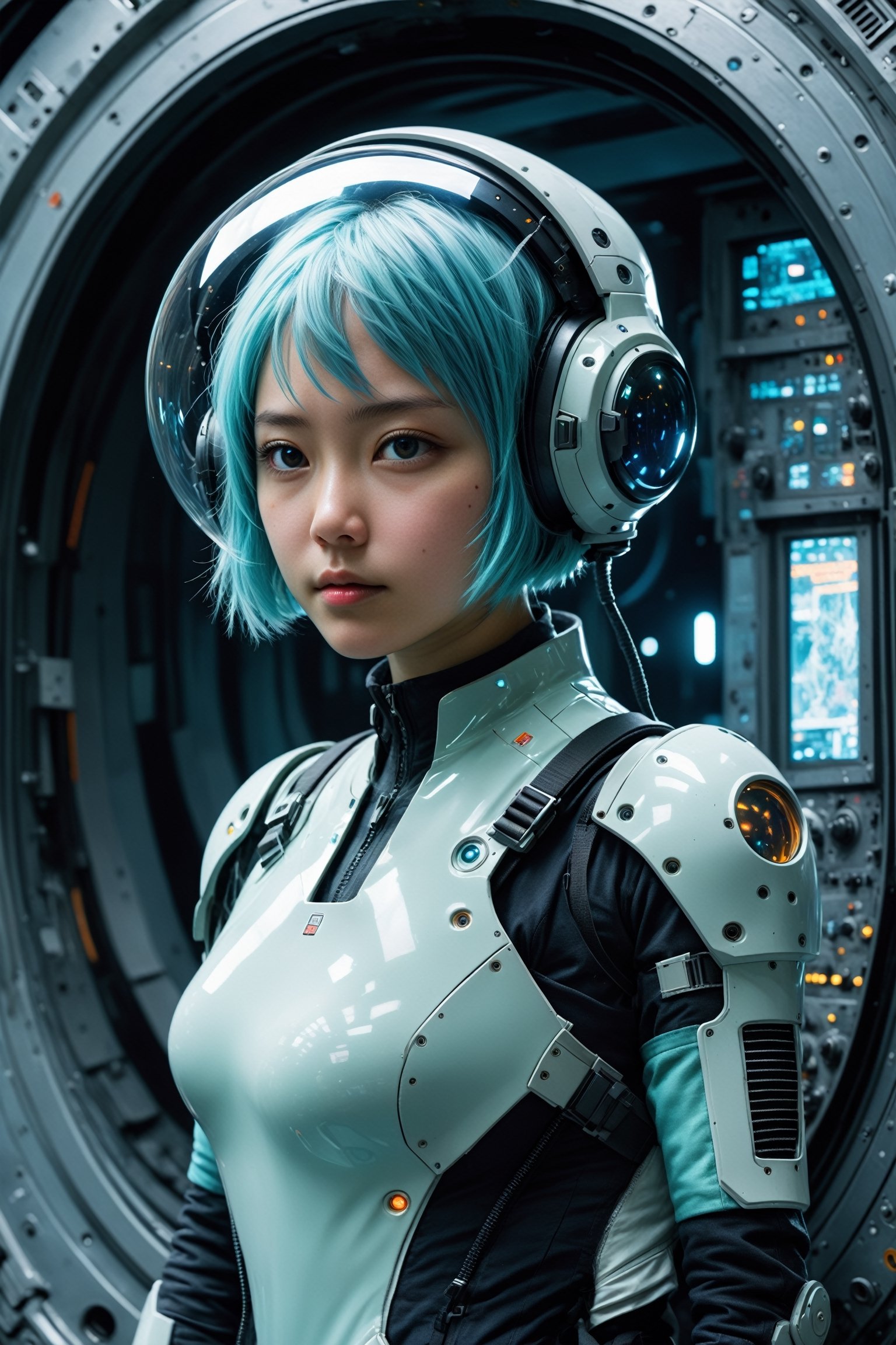 ((full_body)), 18yr old Japanese Girl, AQUA short hair, breathtaking photorealistic photo of girl with aqua hair wearing mech suit indoors (on alien spaceship) by Craig Davison, Dave Dorman, and Drew Struzan, symmetrical outfit. patch panels, computers, buttons, switches, screen, window with a view of outer space. wearing bubble helmet, face visible. high quality, photorealism, chromatic aberration, lens distortion, sharp focus, highest detail.
