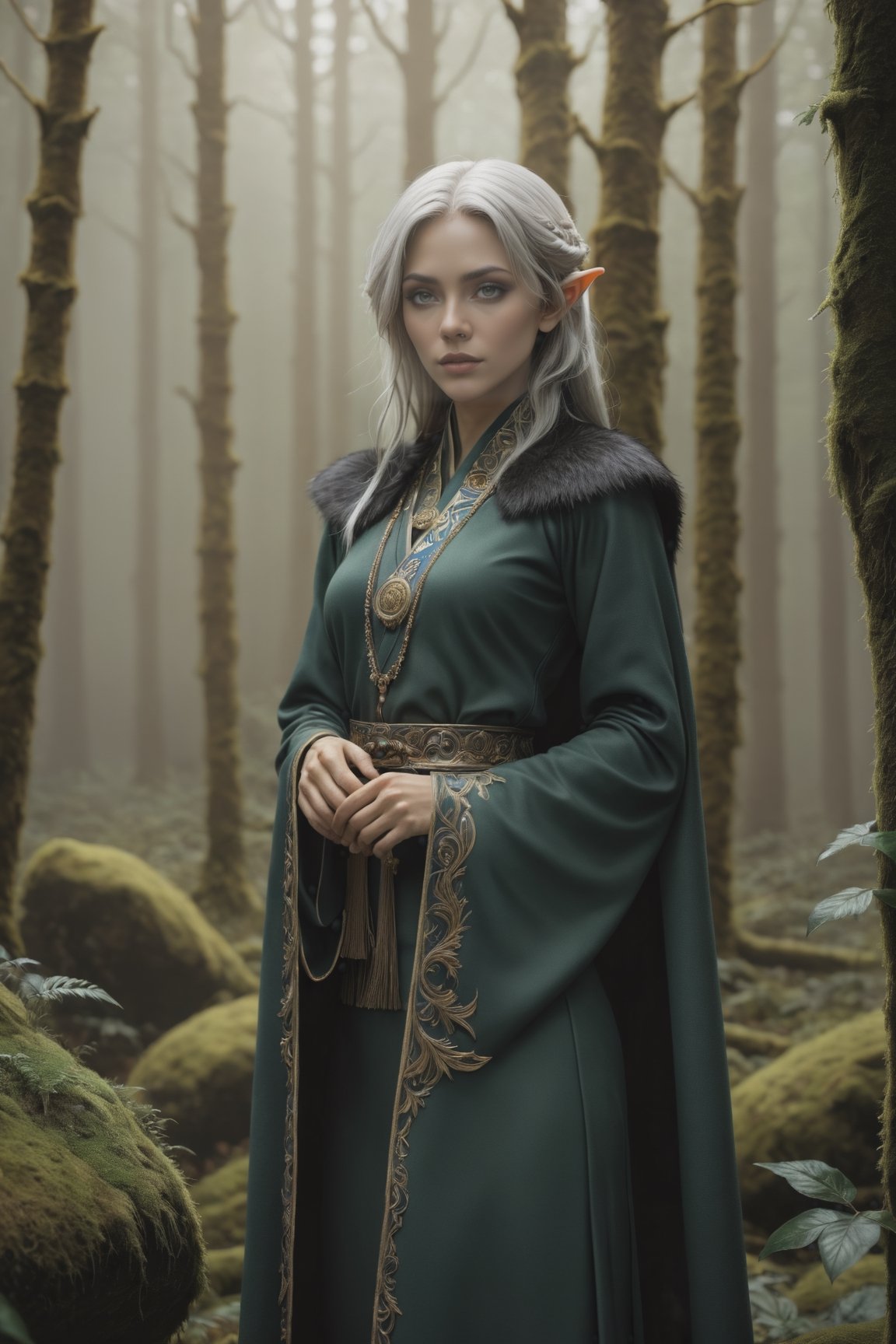 Midjourney style, ultrarealistic, a beautiful naked elf woman,  {{full_body}}, standing in a mossy forest, ((white hair)), {{see-though clothing}},  {{green eyes}},  perfect detailed face, detailed symmetric circular iris, Peaky Blinders aesthetic, realistic, 3d render, octane render, intricately detailed, cinematic, trending on artstation, Isometric, Centered hypereallistic cover photo, awesome full color, hand drawn, dark, gritty, mucha, klimt, erte 12k, hight definition, cinematic, neoprene, behance contest winner, portrait featured on unsplash, stylized digital art, smooth, ultra high definition, 8k, unreal engine 5, ultra sharp focus, intricate artwork masterpiece, ominous, epic,trending on artstation, by artgerm, h. r. giger,  beksinski, highly detailed, vibrant,dreamscape,b3rli,winterhanfu