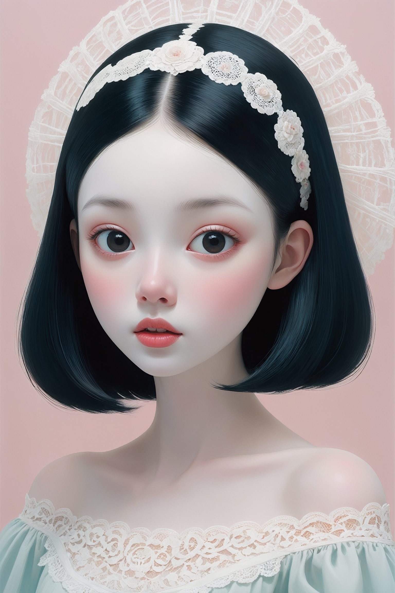 Oil painting of an 18 year old girl with a ghostly white face, upper body, wearing a white lace off the shoulder basque, upper body, huge round eyes, super small nose and mouth, pale pink lips, long straight black hair, soft color, dreamlike, surrealism, plain graduated pale background, intricate details, 3D rendering, octane rendering. Art in pop surrealism lowbrow creepy cute style. Inspired by Ray Caesar. Vintage art, art deco, opaque colors, light grain, indirect lighting.