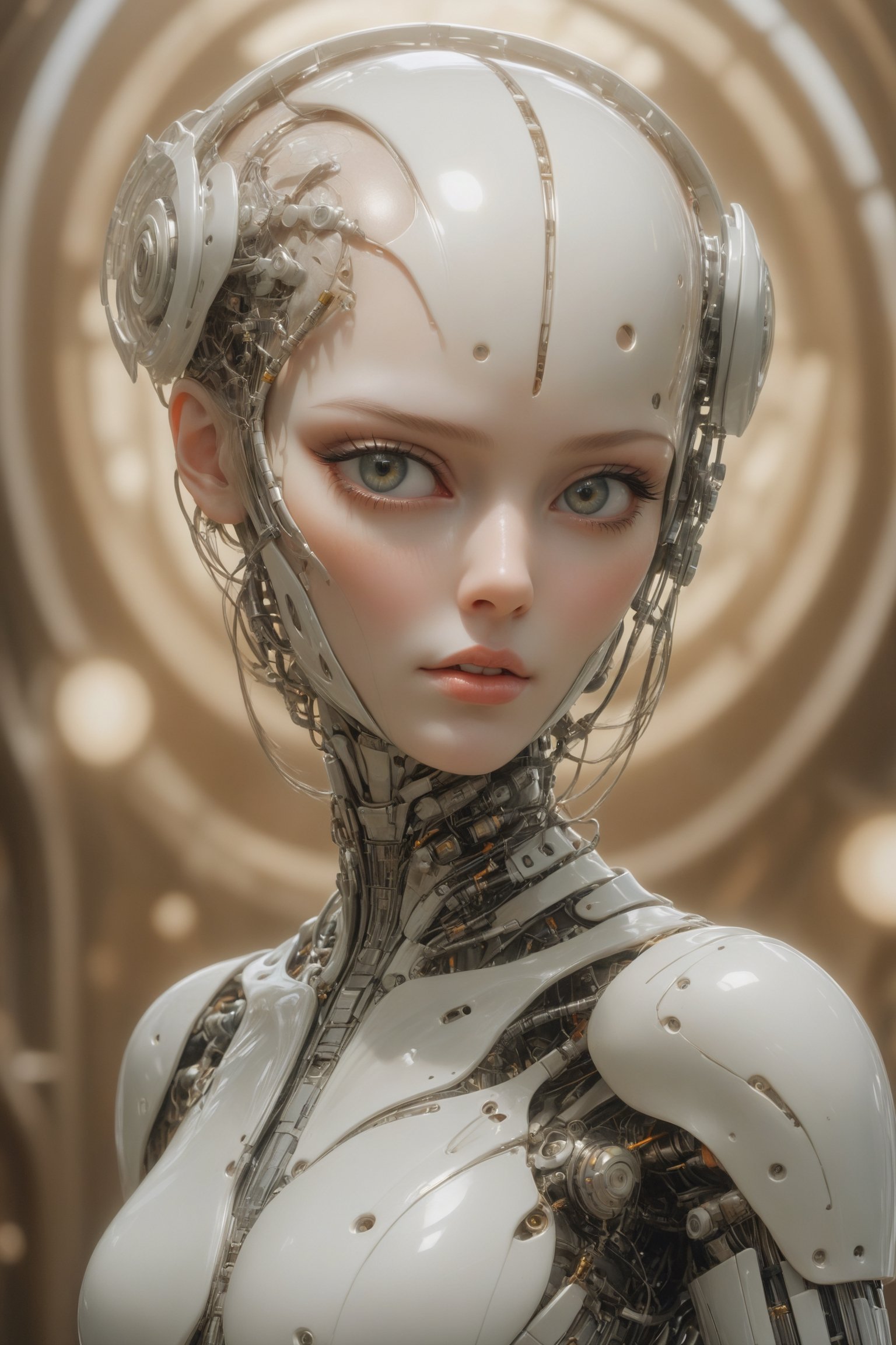 Masterpiece, {{{full_body}}}, {{{full_figure}}}, Oil painting of a beautiful female cyborg. bald head, pale white skin with a rubbery plastic look, glistening, pearlescent skin. beautiful face, made to look almost human, but has an eerie quality, vacant eyes, luscious pouting lips, real human breasts, dreamlike, hyperrealistic, instanely detailled soft color, dreamlike, surrealism, plain graduated pale background, intricate details, 3D rendering, octane rendering. Art in pop surrealism lowbrow creepy cute style. Inspired by Ray Caesar. Vintage art, ((art deco background)), opaque colors, light grain, indirect lighting, aesthetic portrait, DonMCyb3rN3cr0XL,cyborg,science fiction,close up
