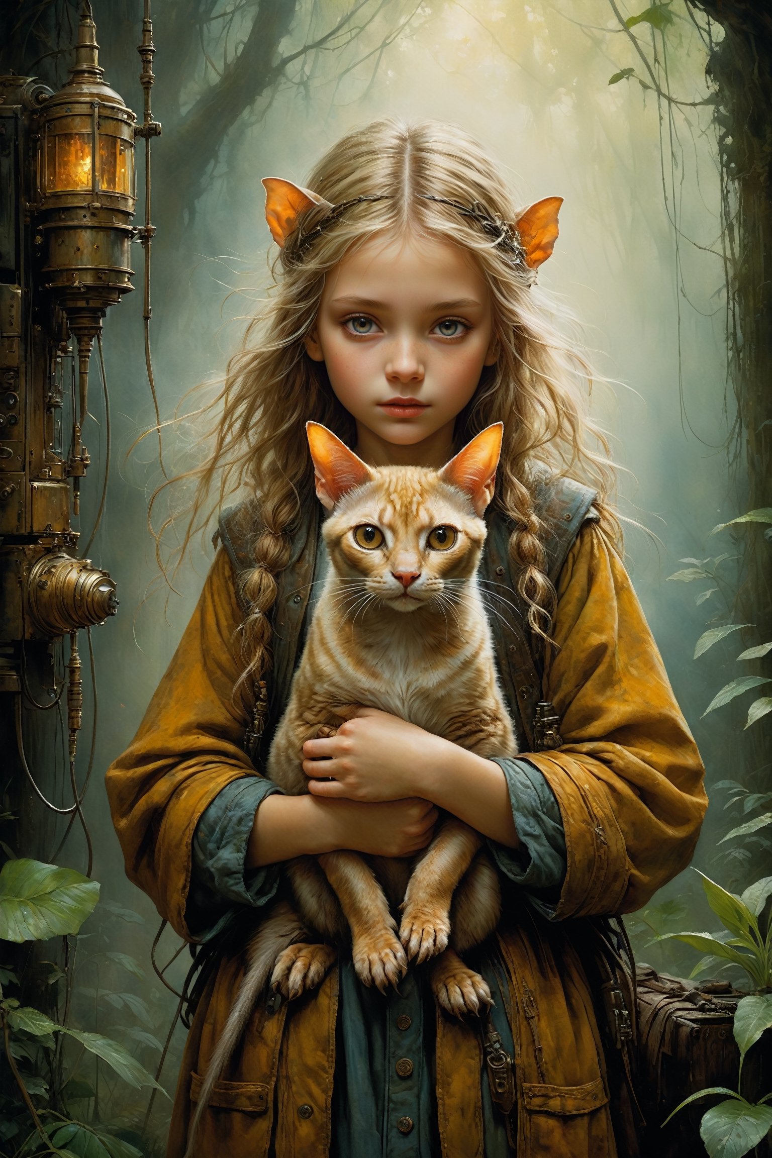 art by Mandy Disher, digital art 8k, Jean-Baptiste Monge style, art by cameron gray, mail art, cuteness overload, Northern Renaissance, tempera on old worn canvas, fairytale, symbolism, dynamic poster, a little blonde long-haired girl with a sphynx cat in her lap in the foggy night, complex background, meticulously detailed tempera portrait, detailed jungle landscape complementary colors, insanelly detailled, volumetrics clouds, stardust, 8k resolution, watercolor, razumov style. art by Razumov and Volegov, art by Carne Griffiths and Wadim Kashin rutkowski repin artstation hyperrealism painting, 4 k resolution blade runner, sharp focus, emitting diodes, smoke, artillery,sparks,racks,system unit,motherboard, by pascal blanche rutkowski repin artstation hyperrealism painting concept art of detailed character design matte painting, 4 k resolution , in the style of esao andrews,aesthetic portrait