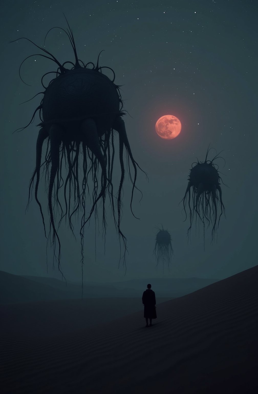 Portrait style, realism, hyper realistic, photography, oil painting, blurry effect, dynamic movement poses, Best quality, 4K, 8K, high-resolution, masterpiece, ultra-detailed, photorealistic
.
.
( photo of a black sand desert, several giant black otherworldly creatures with cable-like hanging tentacles are floating in the starry sky, a faint red sun barely shines through the cloud cover, highly detailed, cinemascope, moody, epic, photorealistic, color graded cinematic, atmospheric lighting, award winning photo, film grain ), 
.
.
Digital illustration, Digital Painting, digital art style, full body, fantasy detailers, more details, oil painting effect, fantasy art style,