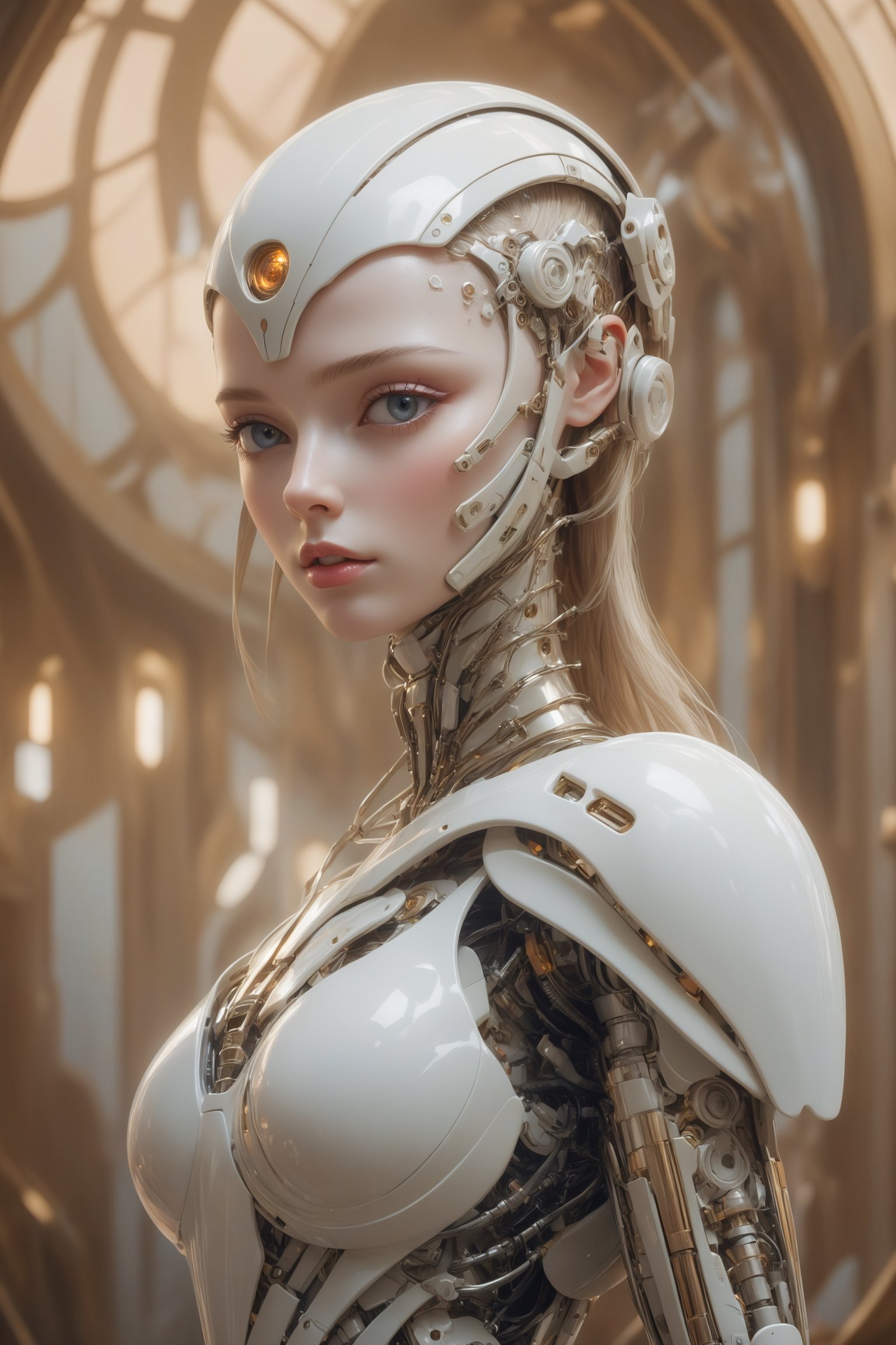 Masterpiece, {{{full_body}}}, {{{full_figure}}}, Oil painting of an beautiful female cyborg. Pale white skin with a rubbery plastic look, glistening, pearlescent skin. beautiful face, made to look almost human, but has an eerie quality, vacant eyes, luscious pouting lips, dreamlike, hyperrealistic, instanely detailled soft color, dreamlike, surrealism, plain graduated pale background, intricate details, 3D rendering, octane rendering. Art in pop surrealism lowbrow creepy cute style. Inspired by Ray Caesar. Vintage art, ((art deco background)), opaque colors, light grain, indirect lighting, aesthetic portrait, DonMCyb3rN3cr0XL,cyborg,science fiction