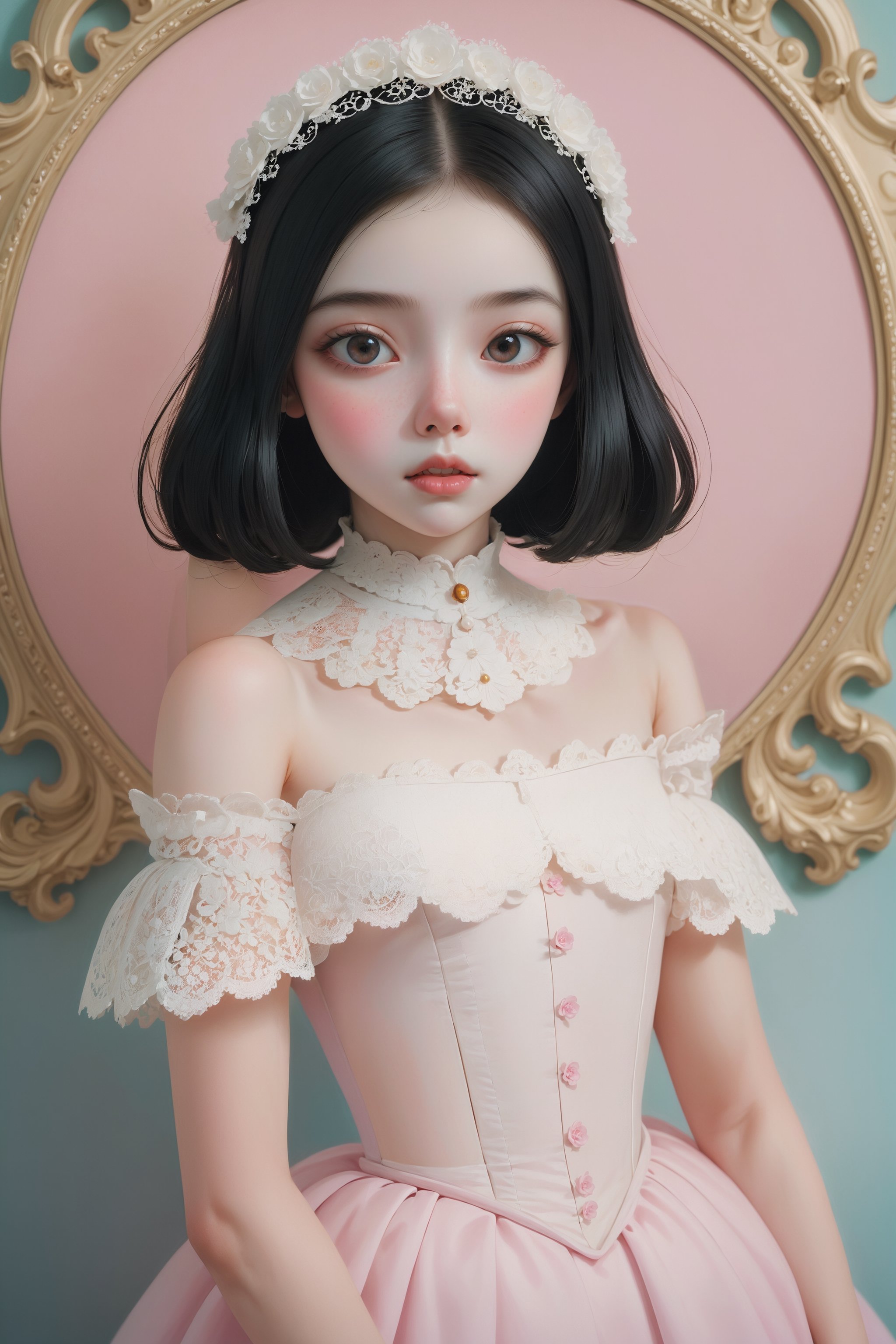 Oil painting of an 18 year old girl with a ghostly white face, upper body, straight on, wearing a white lace off the shoulder basque, upper body, huge round eyes, super small nose and mouth, pale pink lips, long straight black hair, soft color, dreamlike, surrealism, plain graduated pale background, intricate details, 3D rendering, octane rendering. Art in pop surrealism lowbrow creepy cute style. Inspired by Ray Caesar. Vintage art, art deco, opaque colors, light grain, indirect lighting.