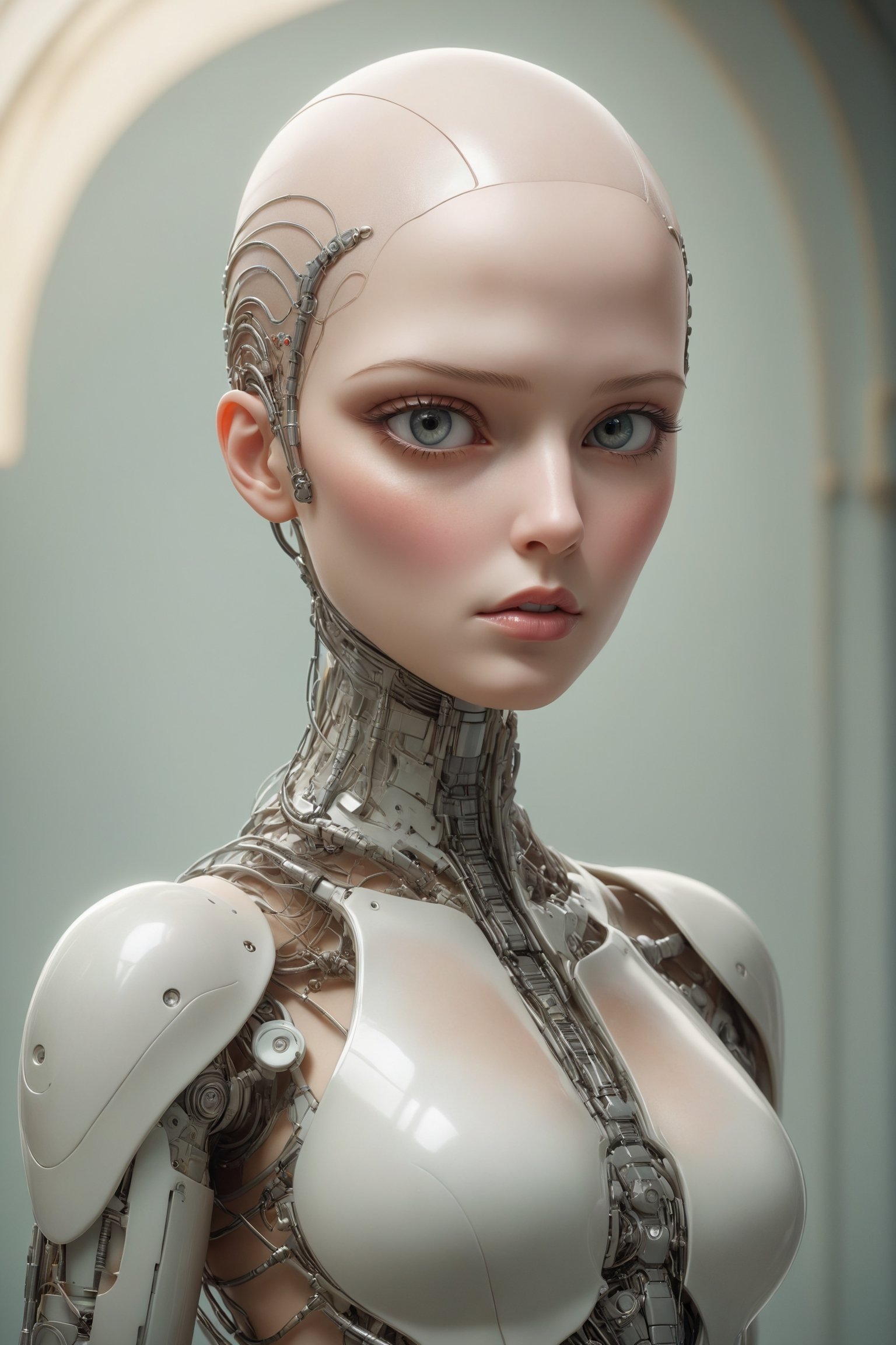 Masterpiece, {{{full_body}}}, {{{full_figure}}}, beautiful female cyborg. straight on to camera,  bald head, small eyes, pale white skin with a rubbery plastic look, glistening, pearlescent skin. beautiful face, made to look almost human, but has an eerie quality, vacant eyes, luscious pouting lips, real human breasts, dreamlike, hyperrealistic, instanely detailled soft color, dreamlike, surrealism, plain graduated pale background, intricate details, 3D rendering, octane rendering. Vintage art, ((art deco background)), opaque colors, light grain, indirect lighting, aesthetic portrait, DonMCyb3rN3cr0XL, cyborg, science fiction, close up