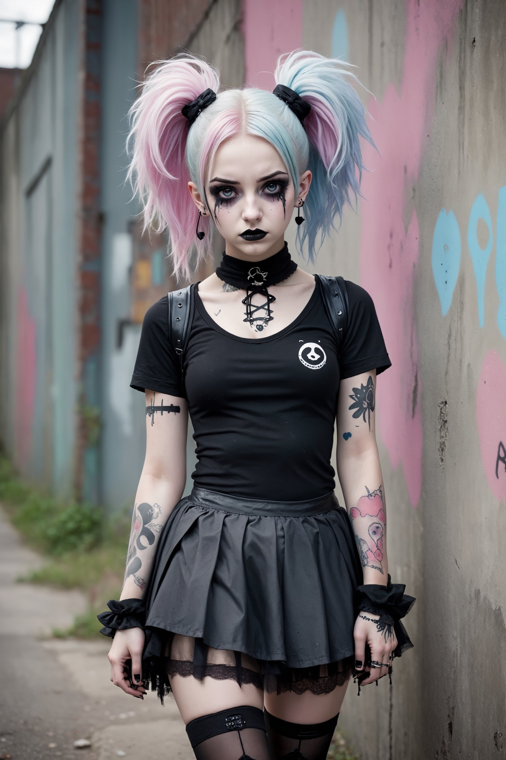 {{{full_body shot}}}, beautiful 18yr old girl, goth makeup, fairy grunge fashion, sad face with tears in her eyes, messy pastel-colored hair, goth person, lace tutu miniskirt, black torn thigh high stockings, doctor marten boots, earings, nose stud, eyebrow piercing, Urban Grafitti covered concrete wall Background