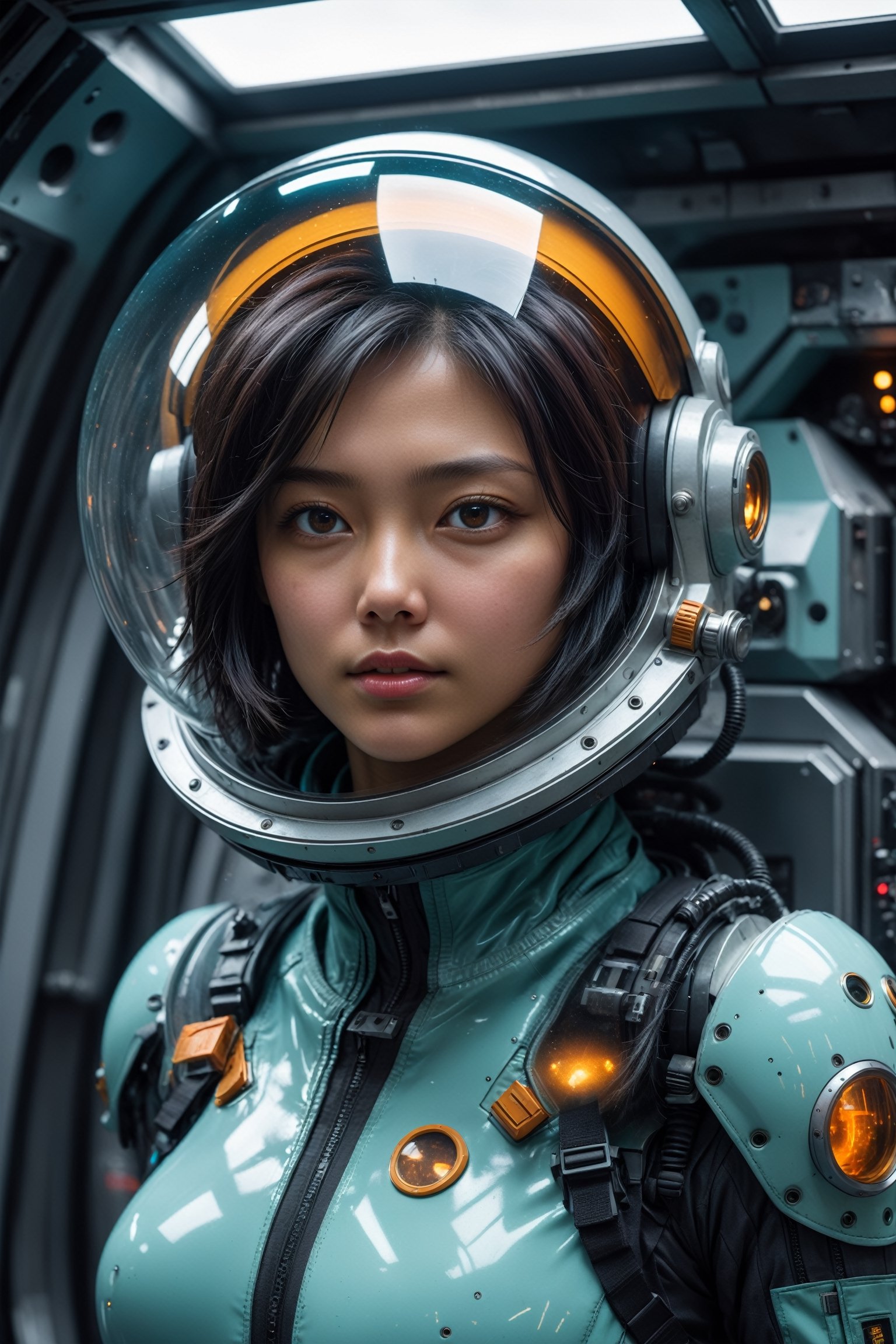 HONG KONG Girl ((September Ai)) with brown colour skin, AQUA short messy hair, breathtaking close up photorealism photo of Caucasian woman with black hair wearing mech suit indoors (on alien spaceship) by Craig Davison, Dave Dorman, and Drew Struzan, symmetrical outfit. patch panels, computers, buttons, switches, screen, window with a view of outer space. wearing bubble helmet, face visible. high quality, photorealism, chromatic aberration, lens distortion, sharp focus, highest detail.
