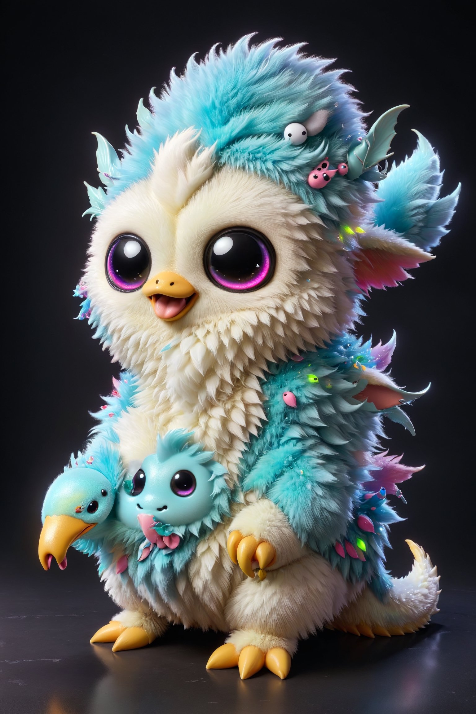 A cute alien creature, colourful fur, large reflective eyes like dark pools, plain background, 3d_model, cinematic lighting, rim lighting, kawaii, pokemon, t-shirt character, white background, cutout, bioluminiscence, chromatophore
,ral-chrcrts, duck billed platypus, furry dragon, alien_penis