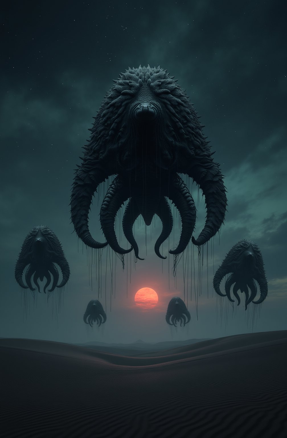 Portrait style, realism, hyper realistic, photography, oil painting, blurry effect, dynamic movement poses, Best quality, 4K, 8K, high-resolution, masterpiece, ultra-detailed, photorealistic
.
.
( photo of a black sand desert, several giant black otherworldly creatures with cable-like hanging tentacles are floating in the starry sky, a faint red sun barely shines through the cloud cover, highly detailed, cinemascope, moody, epic, photorealistic, color graded cinematic, atmospheric lighting, award winning photo, film grain ), 
.
.
Digital illustration, Digital Painting, digital art style, full body, fantasy detailers, more details, oil painting effect, fantasy art style,