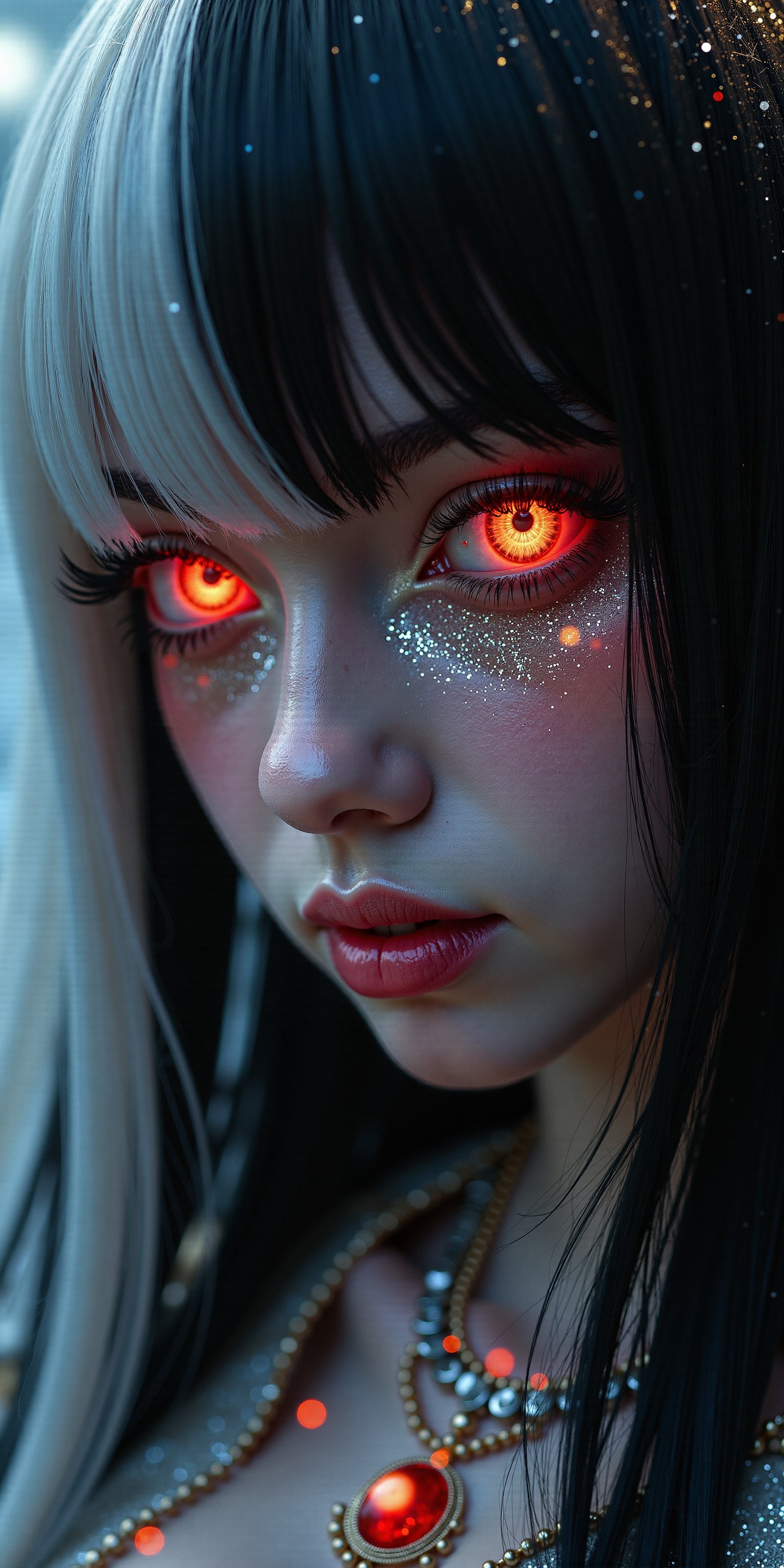 Portrait style, realism, hyper realistic, photography, oil painting, blurry effect, dynamic movement poses, 
.
( Best quality, 4K, 8K, high-resolution, masterpiece, ultra-detailed, photorealistic, a close up of a woman's face with black and white hair, glowing eyes, and lots of glitter, 1girl, long hair, red eyes, jewelry, black hair, blurry, eyelashes, lips, colored skin, depth of field, straight hair, cosmic background, portrait, gem, silver skin. nudity), 
.
.
Digital illustration, Digital Painting, digital art style, full body, fantasy detailers, more details, oil painting effect, fantasy art style,