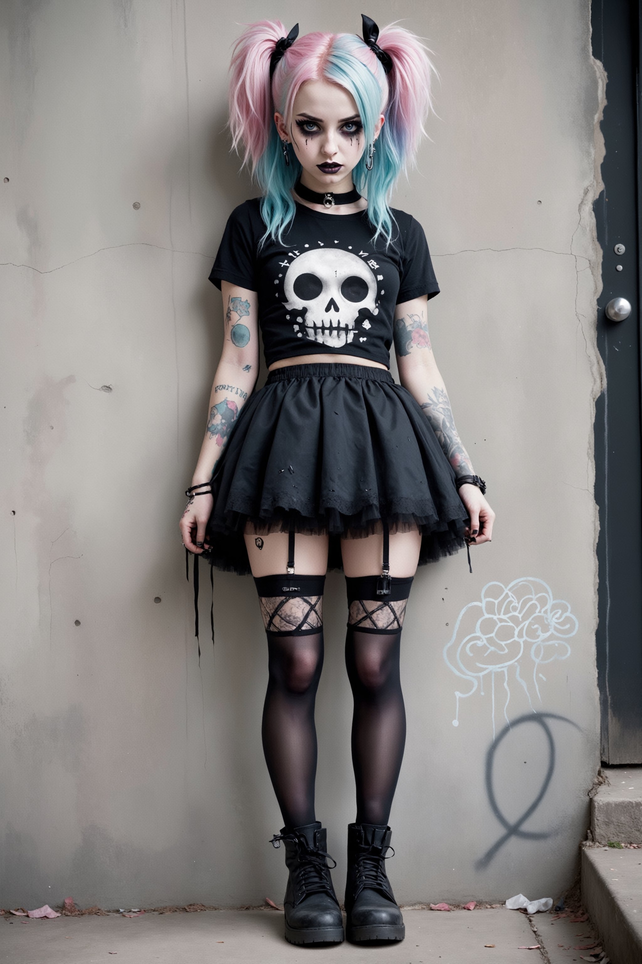 {{{full_body shot}}}, beautiful 18yr old girl, goth makeup, fairy grunge fashion, sad face with tears in her eyes, messy pastel-colored hair, goth person, lace tutu miniskirt, black torn thigh high stockings, doctor marten boots, earings, nose stud, eyebrow piercing, Urban Grafitti covered concrete wall Background