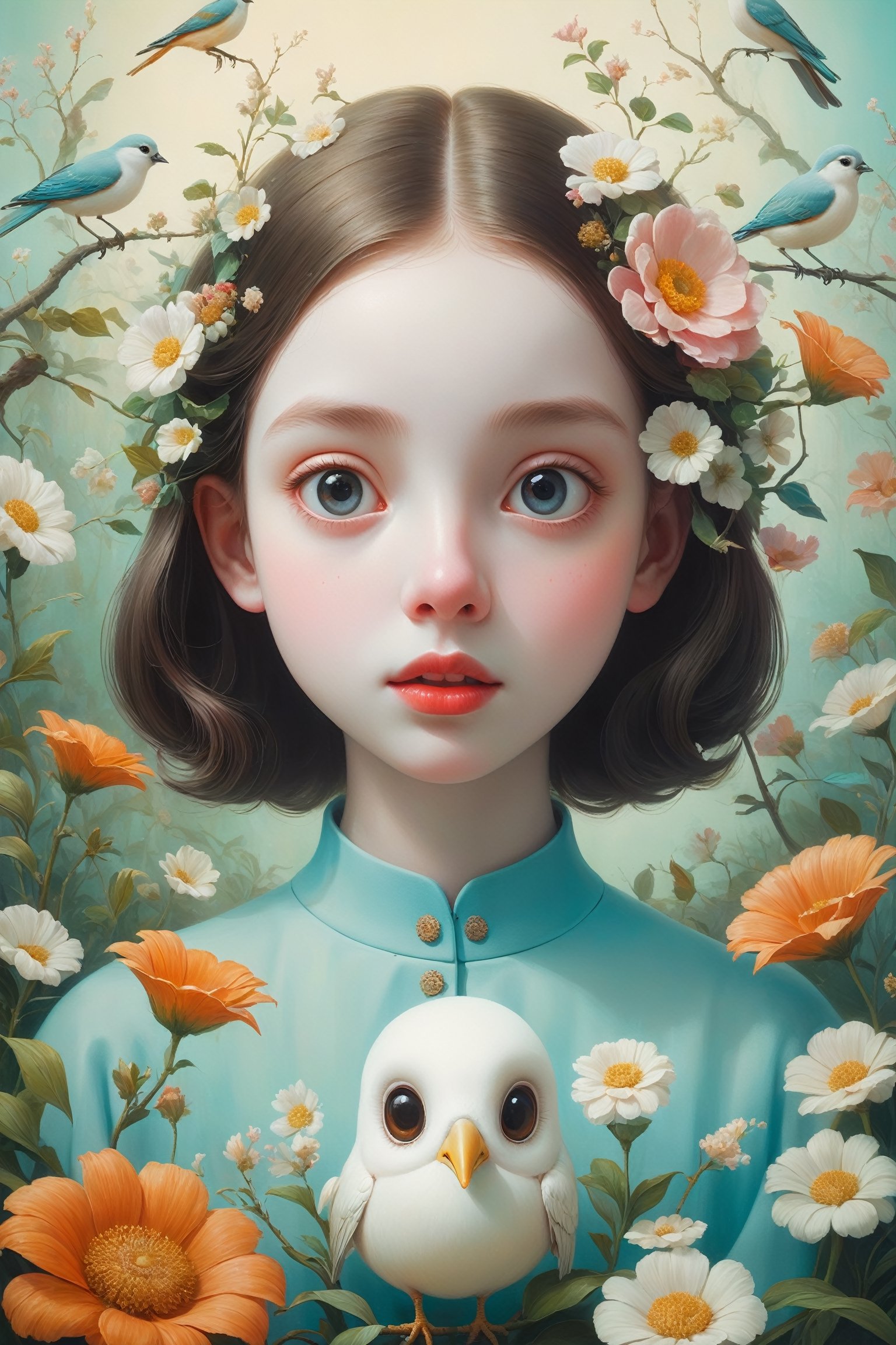 Oil painting of a 16 year old girl with a ghostly white face, huge round eyes, super small nose and mouth, soft color, dreamlike, surrealism, background with birds and flowers, intricate details, 3D rendering, octane rendering. Art in pop surrealism lowbrow creepy cute style. Inspired by Ray Caesar. Vintage art, opaque colors, light grain, indirect lighting.