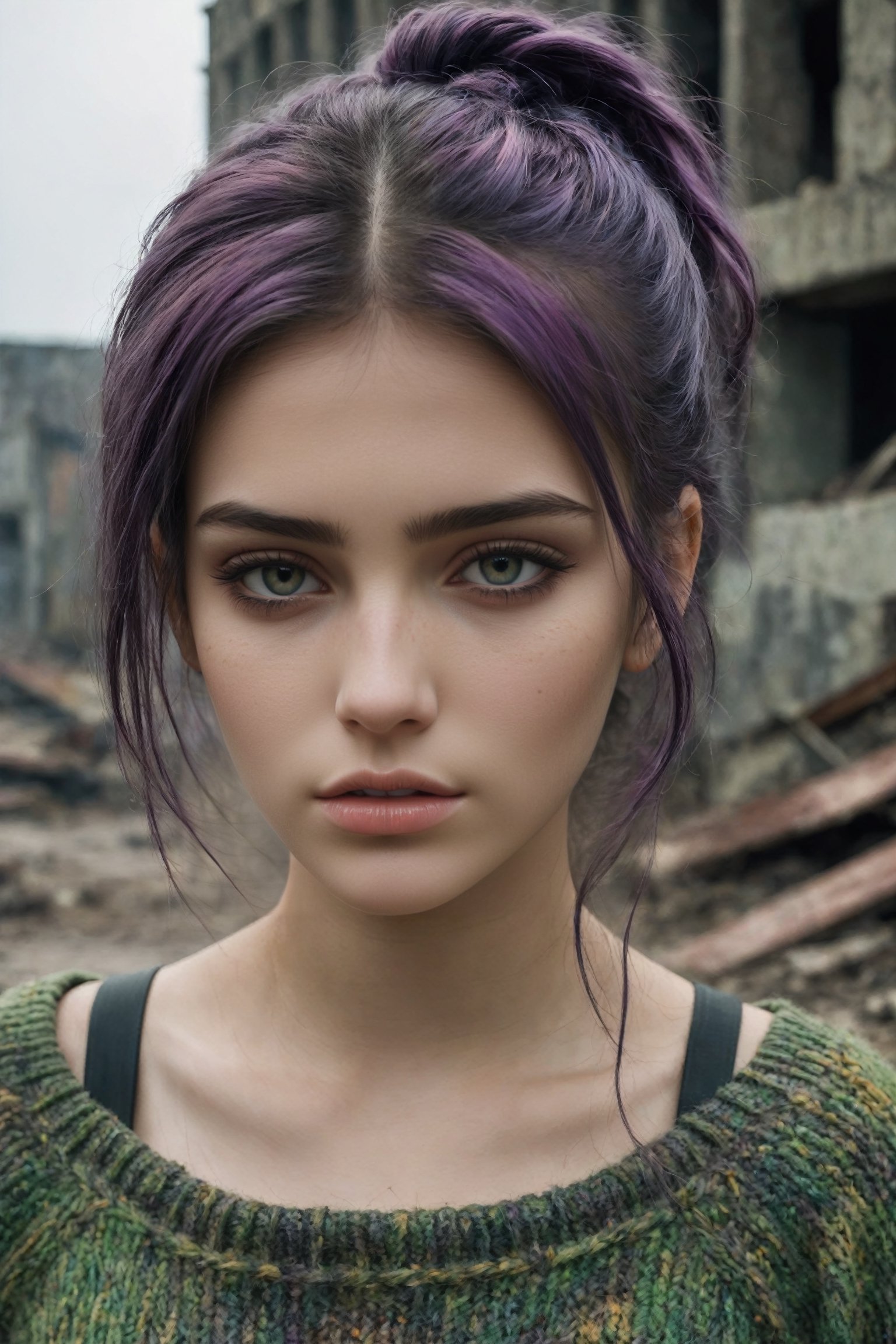 {{close-up face portrait}}, {{{facing straight on to camera}}}, A sad and lonely beautiful 18yr old girl in a nuclear wasteland. visible skin pores, {{{chunky knitted military sweater off one shoulder, naked under}}}, dark purple and green multi-color hair in pigtails, smudged dark gothic eye makeup. The once thriving city now lies in ruins, with crumbling buildings and abandoned vehicles scattered amidst the desolation. Nature has started to reclaim the territory, with ((plants growing through cracks in the concrete)). The atmosphere is eerie, with a sense of loneliness and despair hanging in the air. The scene is bathed in a dark and moody light, emphasizing the post-apocalyptic setting. The girl's expression reflects her loneliness and the weight of the world she carries on her shoulders. The colors are muted, with a desaturated and faded palette, further enhancing the desolate mood of the scene.