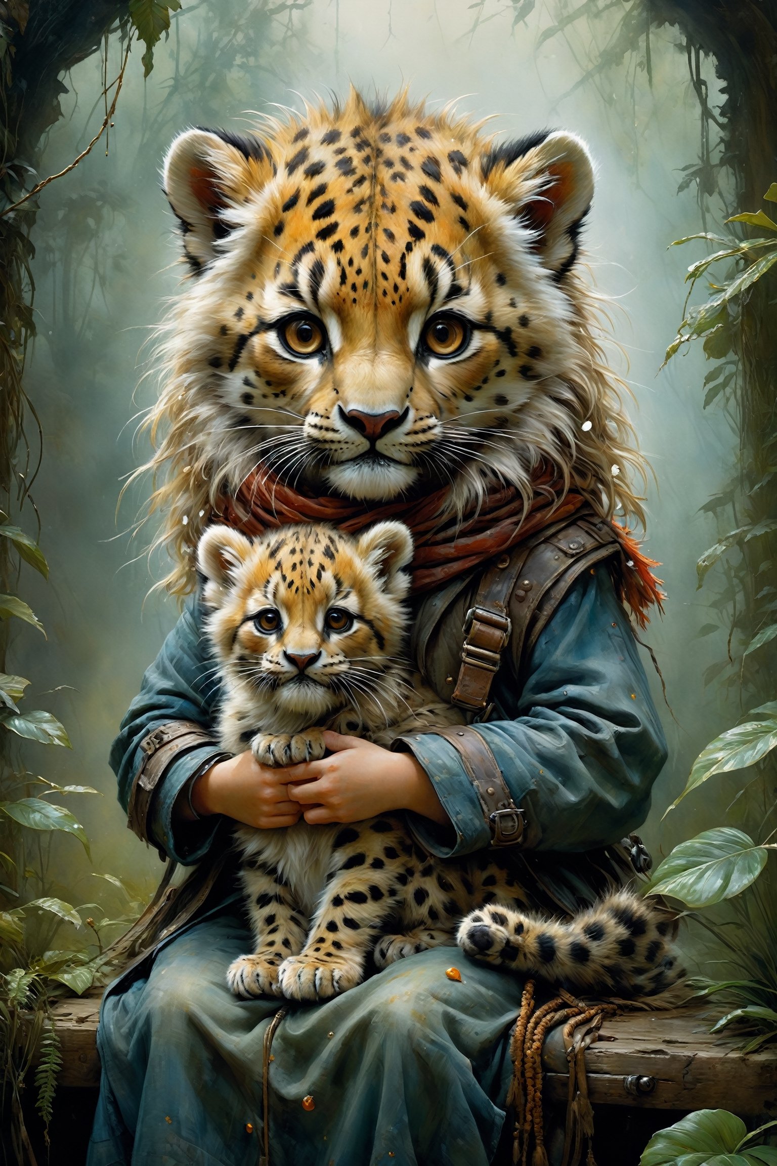 art by Mandy Disher, digital art 8k, Jean-Baptiste Monge style, art by cameron gray, mail art, cuteness overload, Northern Renaissance, tempera on old worn canvas, fairytale, symbolism, dynamic poster, a little blonde long-haired girl with a beautiful snow leopard kitten in her lap in the foggy night, complex background, meticulously detailed tempera portrait, detailed jungle landscape complementary colors, insanelly detailled, volumetrics clouds, stardust, 8k resolution, watercolor, razumov style. art by Razumov and Volegov, art by Carne Griffiths and Wadim Kashin rutkowski repin artstation hyperrealism painting, 4 k resolution blade runner, sharp focus, emitting diodes, smoke, artillery,sparks,racks,system unit,motherboard, by pascal blanche rutkowski repin artstation hyperrealism painting concept art of detailed character design matte painting, 4 k resolution , in the style of esao andrews,aesthetic portrait