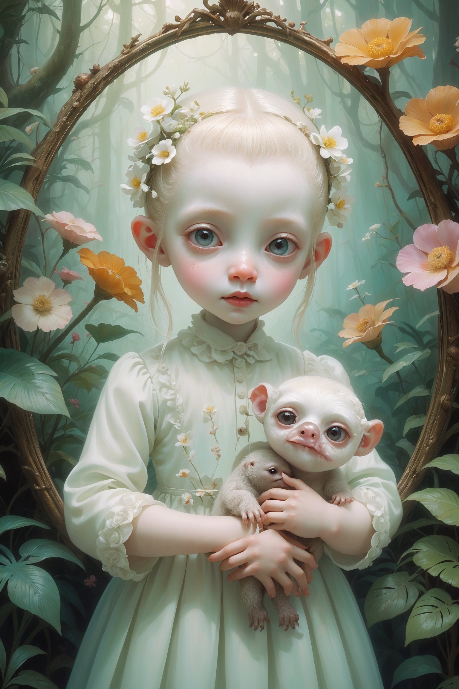 Oil painting of a 12 year old albino girl with a ghostly white face, huge round eyes, super small nose and mouth, holding a cute baby sloth, soft color, dreamlike, surrealism, background with rainforest and flowers, contained within an ornate arched graphic frame, plain white background, intricate details, 3D rendering, octane rendering. Art in pop surrealism lowbrow creepy cute style. Inspired by Ray Caesar. Vintage art, opaque colors, light grain, indirect lighting.