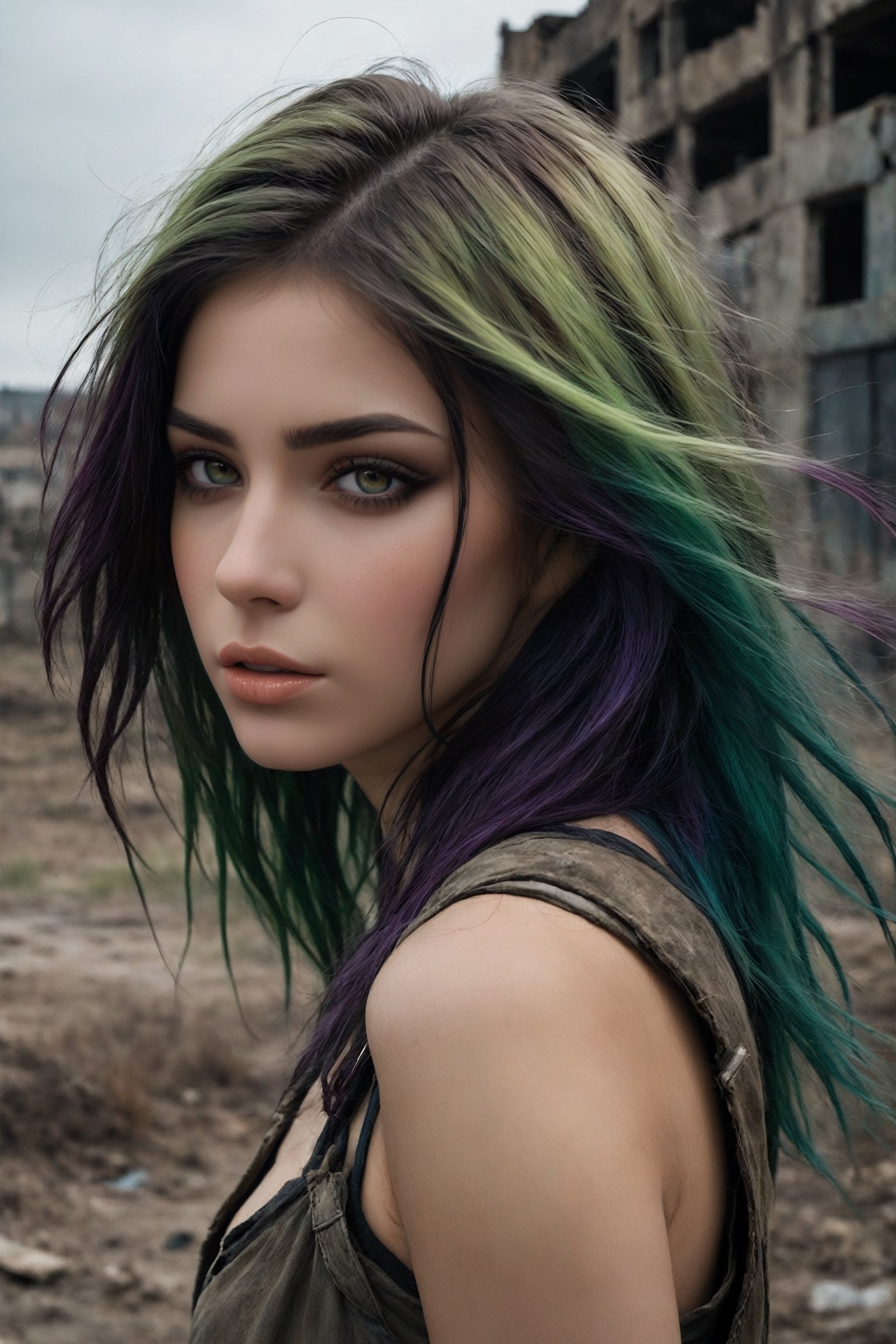 {{close-up face portrait}}, {{{close-up}}}, A sad and lonely beautiful 18yr old girl in a nuclear wasteland. {{{Totally naked}}}, {{{exposed breasts}}}, dark purple and green multi-color hair blows in the wind, smudged dark gothic eye makeup. The once thriving city now lies in ruins, with crumbling buildings and abandoned vehicles scattered amidst the desolation. Nature has started to reclaim the territory, with ((plants growing through cracks in the concrete)). The atmosphere is eerie, with a sense of loneliness and despair hanging in the air. The scene is bathed in a dark and moody light, emphasizing the post-apocalyptic setting. The girl's expression reflects her loneliness and the weight of the world she carries on her shoulders. The colors are muted, with a desaturated and faded palette, further enhancing the desolate mood of the scene.