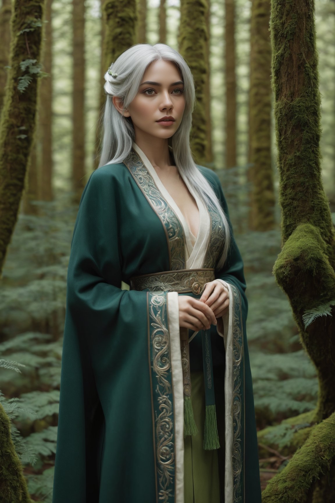 Midjourney style, ultrarealistic, a beautiful naked elf woman,  {{full_body}}, standing in a mossy forest, ((white hair)), {{see-though clothing}},  {{green eyes}},  perfect detailed face, detailed symmetric circular iris, Peaky Blinders aesthetic, realistic, 3d render, octane render, intricately detailed, cinematic, trending on artstation, Isometric, Centered hypereallistic cover photo, awesome full color, hand drawn, dark, gritty, mucha, klimt, erte 12k, hight definition, cinematic, neoprene, behance contest winner, portrait featured on unsplash, stylized digital art, smooth, ultra high definition, 8k, unreal engine 5, ultra sharp focus, intricate artwork masterpiece, ominous, epic,trending on artstation, by artgerm, h. r. giger,  beksinski, highly detailed, vibrant,dreamscape,b3rli,winterhanfu