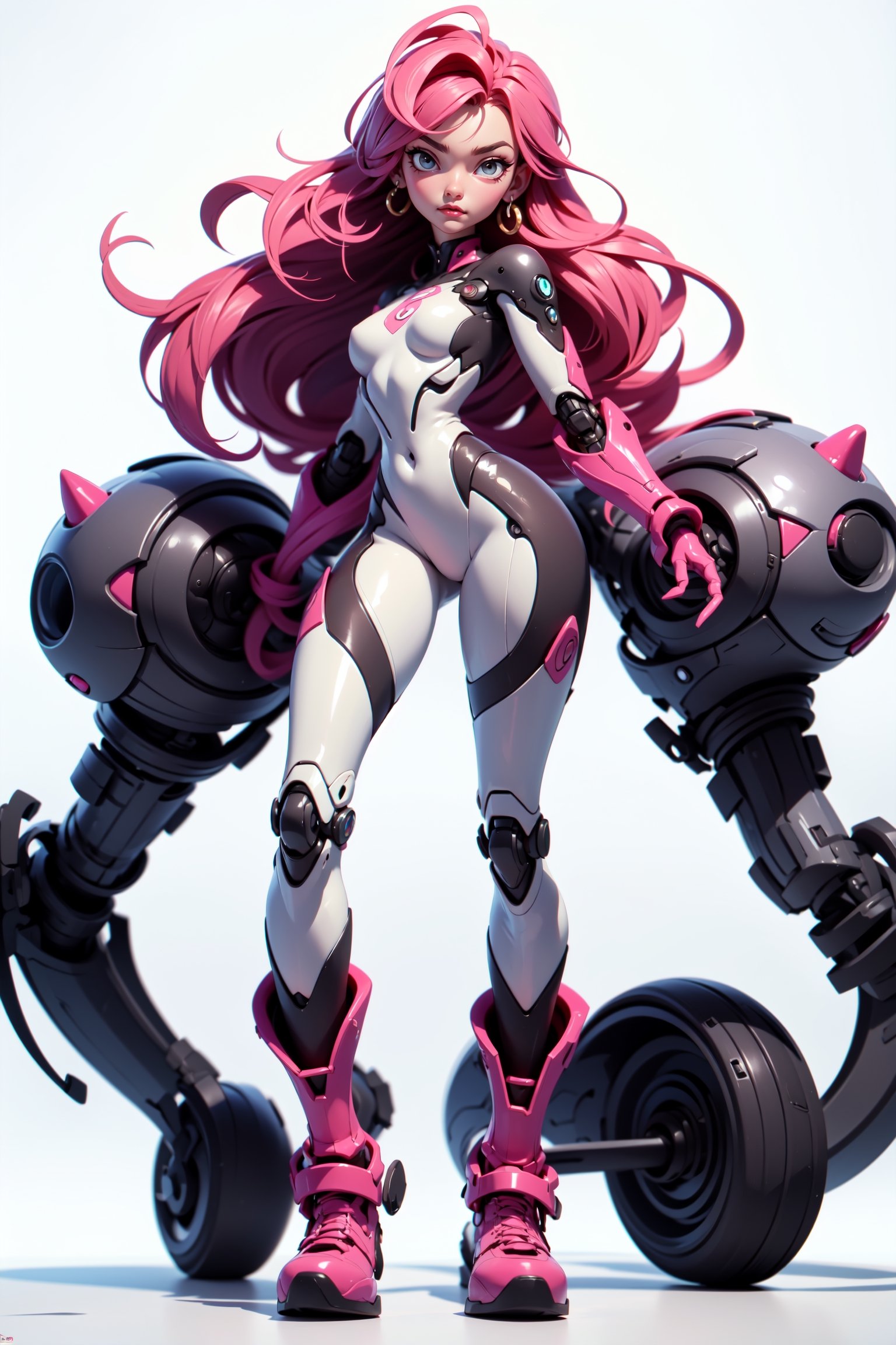 masterpiece, best quality, {{clean white background}}, (beautiful detailed face, beautiful detailed eyes), highres, ultra detailed, masterpiece, best quality, detailed eyes, full body, 1_girl, standing dynamic pose, long pink hair, slender figure, slender legs, slender hips. cybertronic metal arm, tight space suit showing off her slim figure, small breasts, large oversized moon boots, cute robotic companion with large wheels,Futa